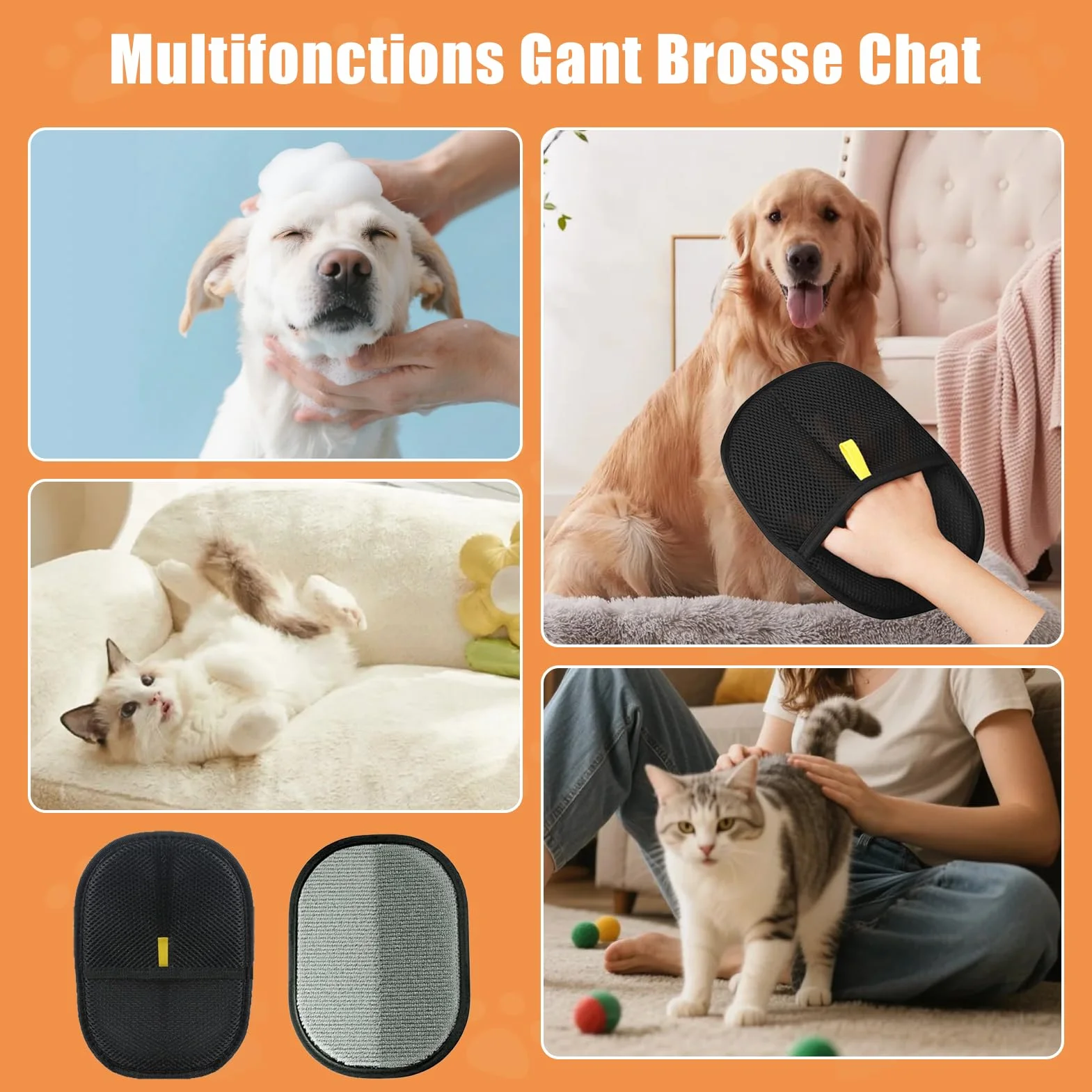 Zovator Lot de 2 gants d'épilation pour chats et chiens, gants de toilettage double face réutilisables