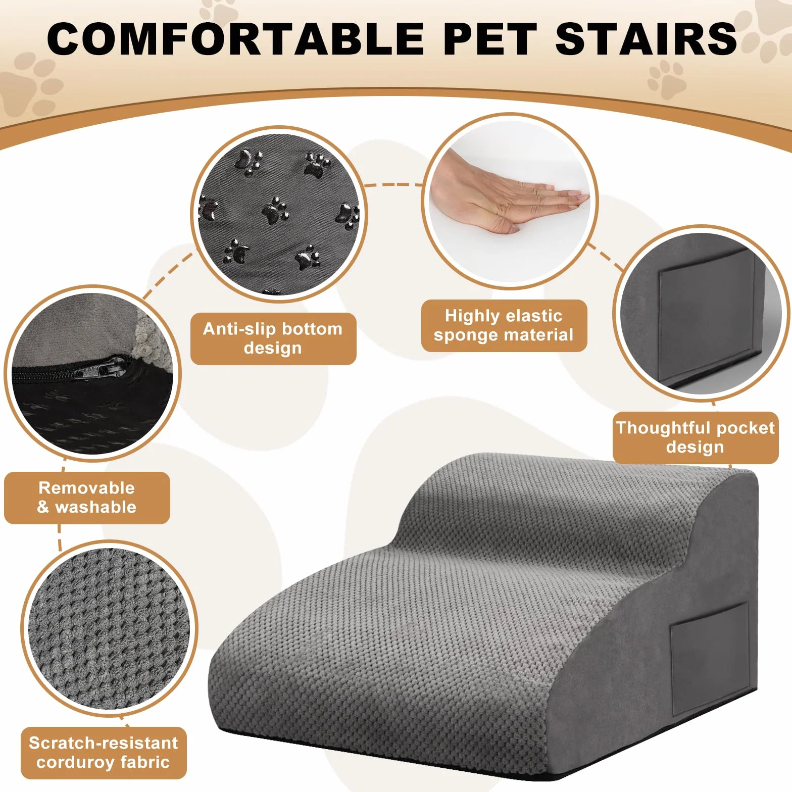 Escaliers pour Chiens 2 Marches Rampe Animaux Antidérapant Housse Amovible Lavable Canapé Lit