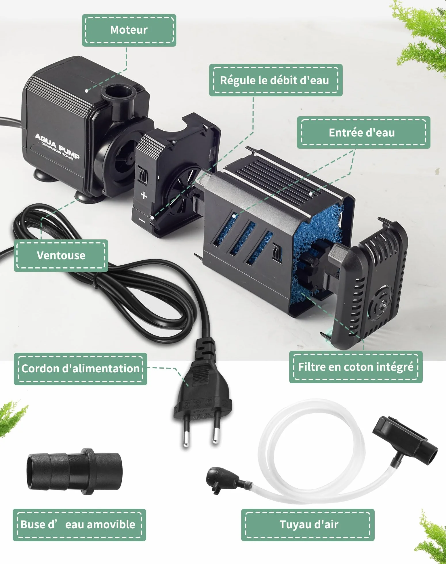 Filtre Intérieur Aquarium 500L/H 6W Pompe Aquarium Réglable Débit d'Eau Filtre Interne 30-500L avec Éponges Filtrantes