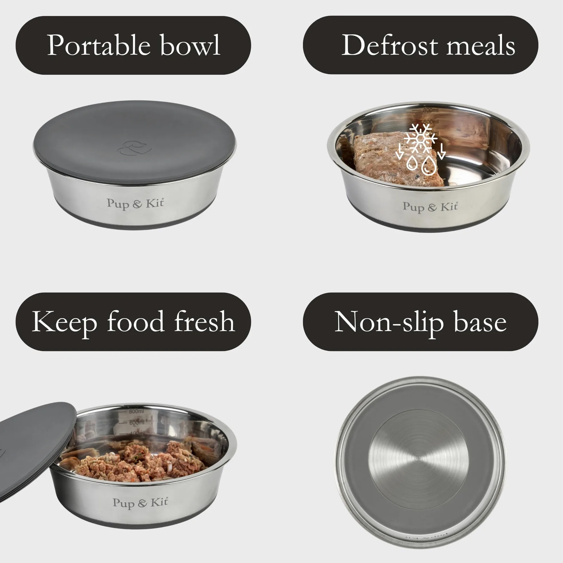 Pup & Kit Lid-it Gamelle pour chien avec couvercle en silicone – Gamelle antidérapante en acier inoxydable – Passe au lave-vaisselle – Idéale pour le stockage des aliments, la préparation des repas et