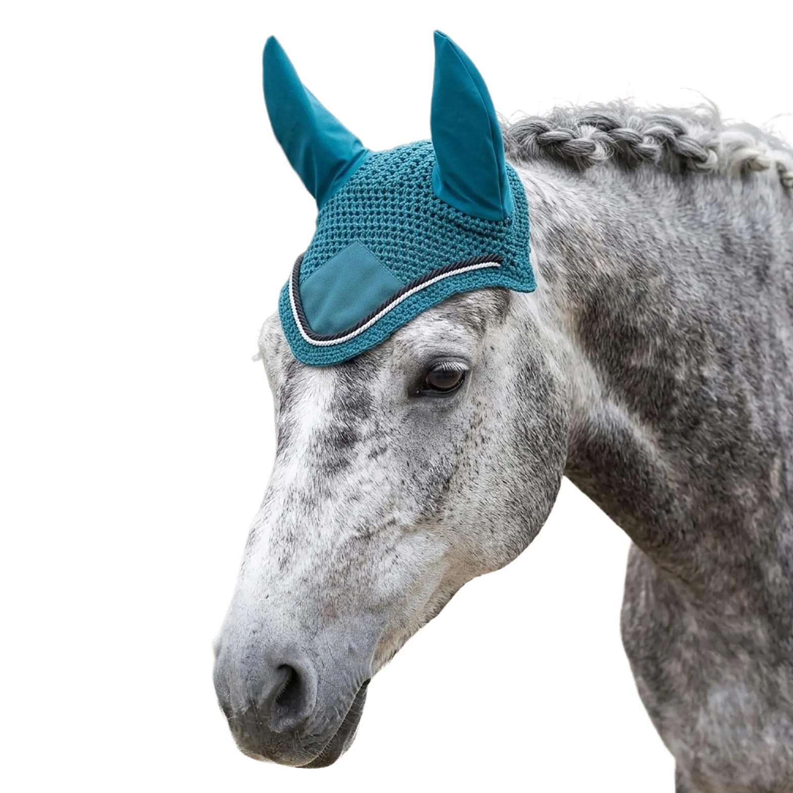 Spire Voile de protection pour cheval en coton respirant doux au crochet pour les oreilles (complet, vert foncé/noir-blanc)
