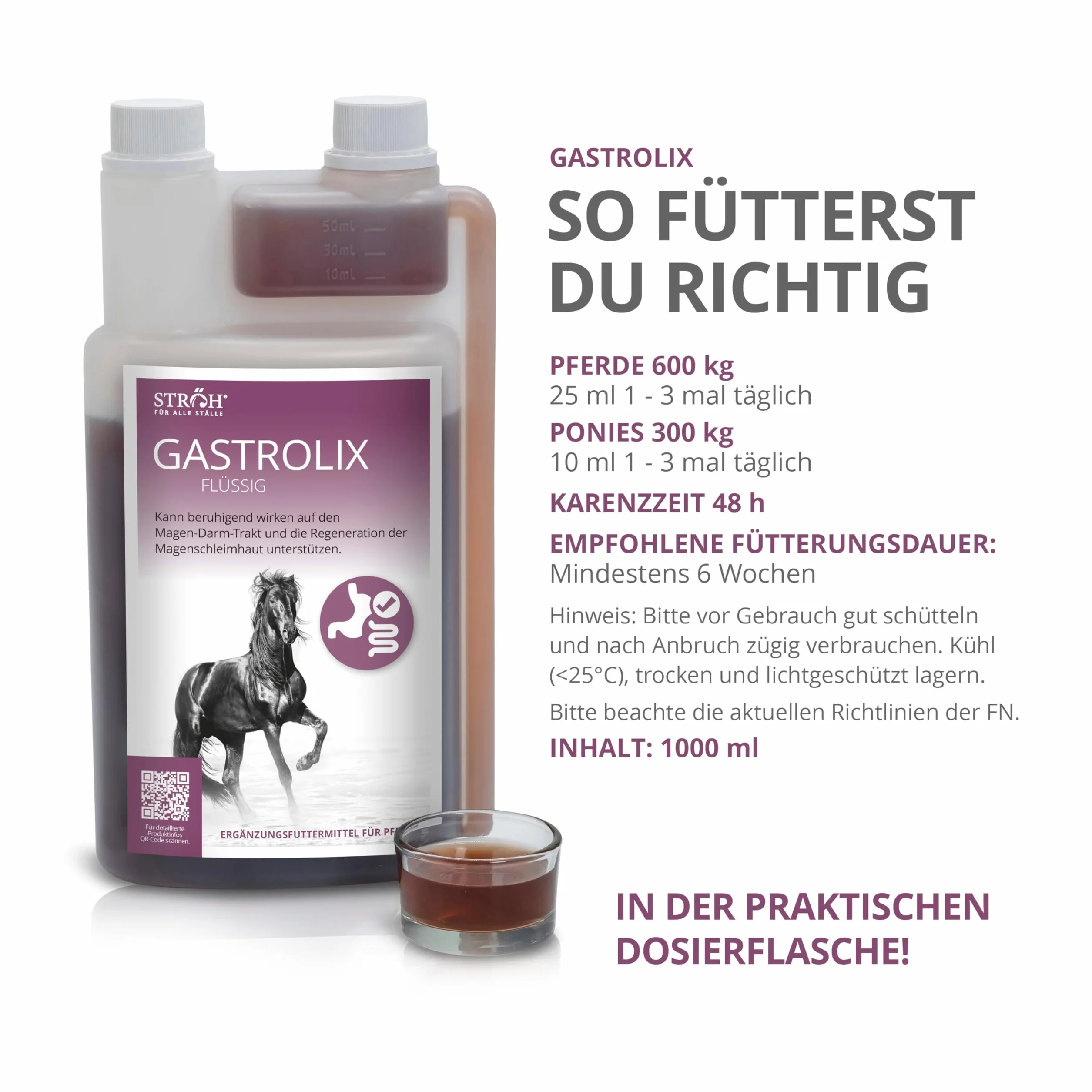 STRÖH Gastrolix (1 l) • Stabilisation du tractus gastro-intestinal pour chevaux • Herbes gastriques pour chevaux • Jus gastrique pour chevaux sans sucre • Protection naturelle de l'estomac pour les