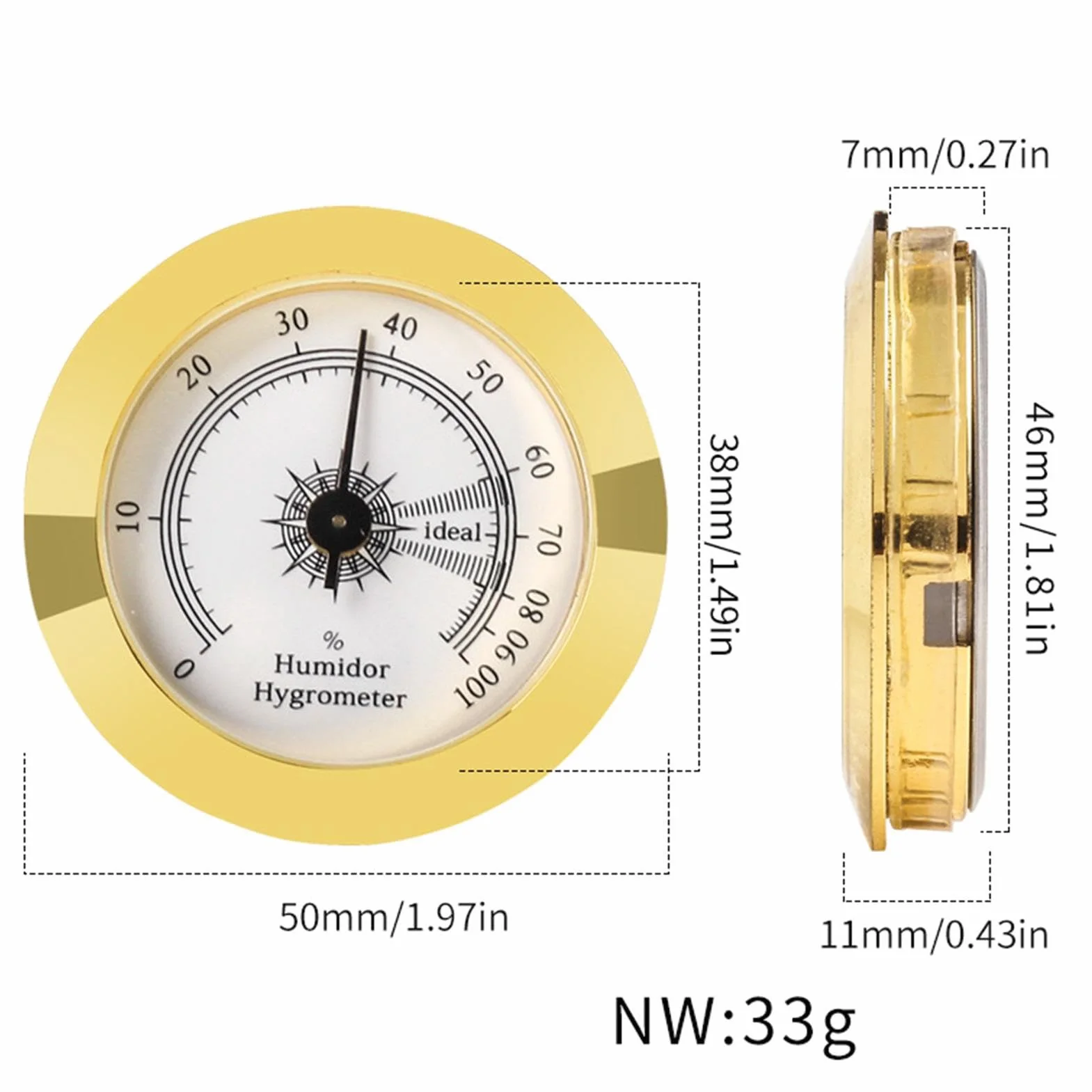 Humidor Hygromètre rond,Hygromètre rond doré pour cave à cigares | Cigares testeur d'humidité combinaison mécanique de haute précision pour caves à cigares guitare violon boîte à cigares