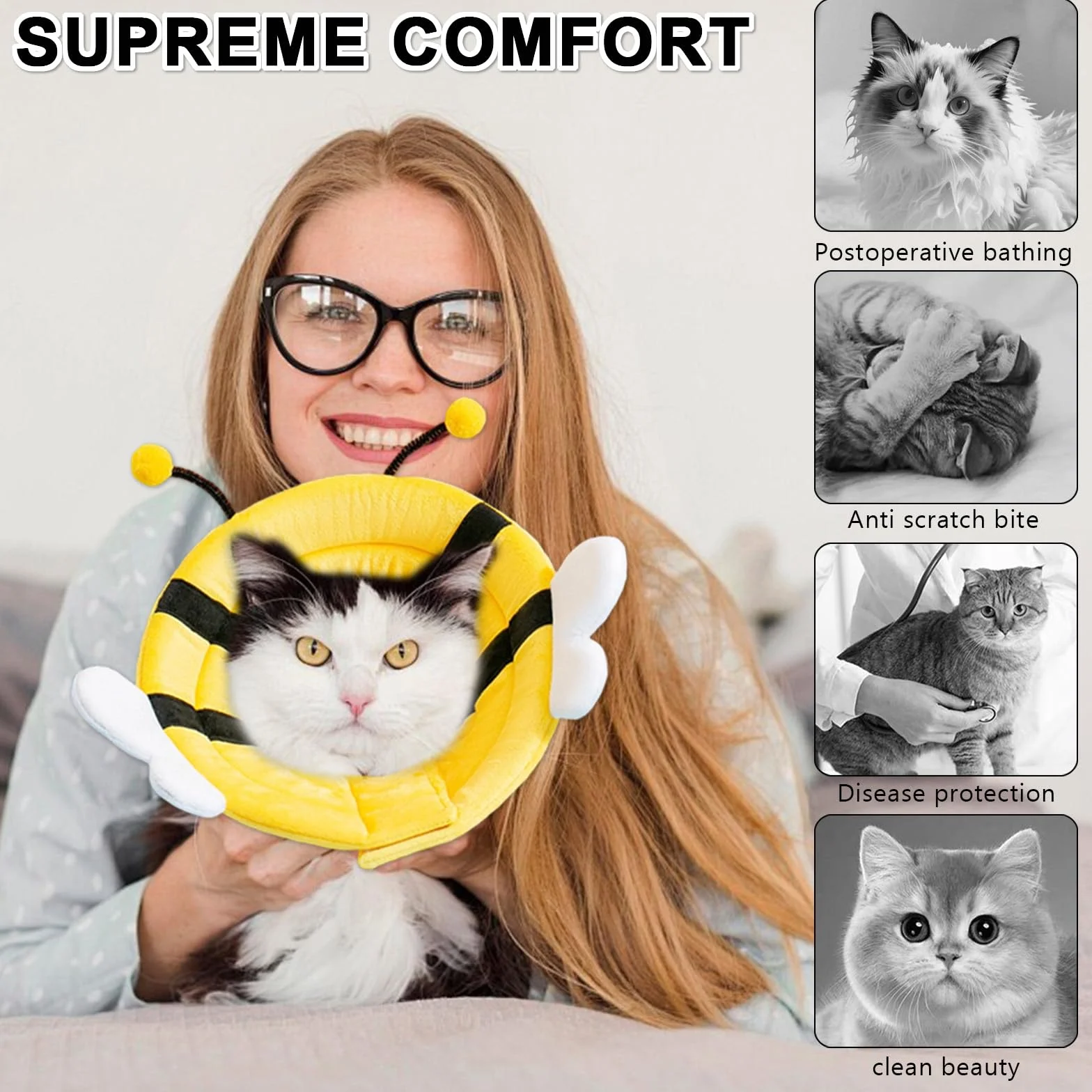 Collier Médical Souple pour Chat et Petit Chien – Abeille S (20–23 cm) – Protection Post-opératoire Ajustable Lavable