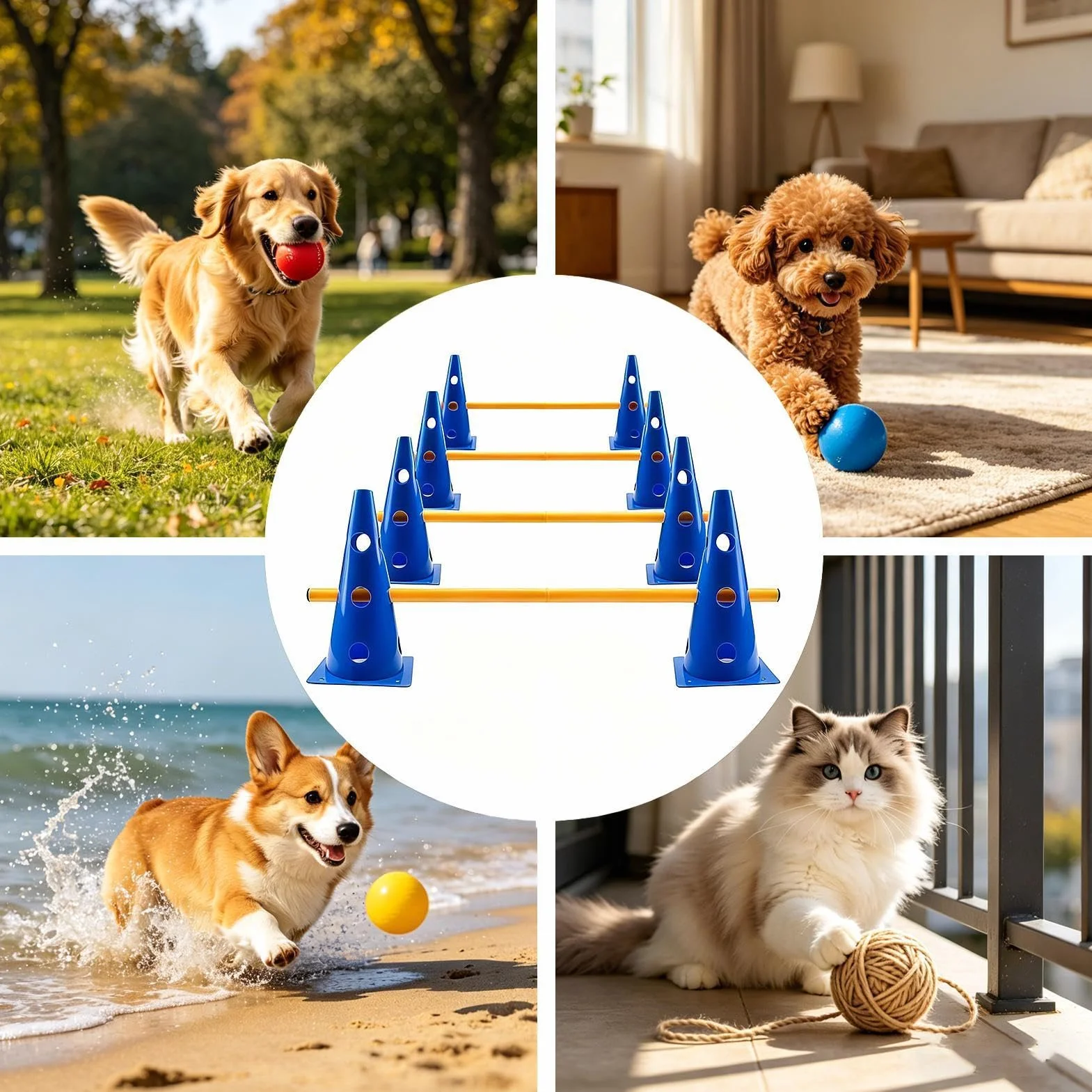 Ensemble de sauts pour chiens avec jouets interactifs et poteaux d'obstacle, dressage agilité petite moyenne taille intérieur extérieur