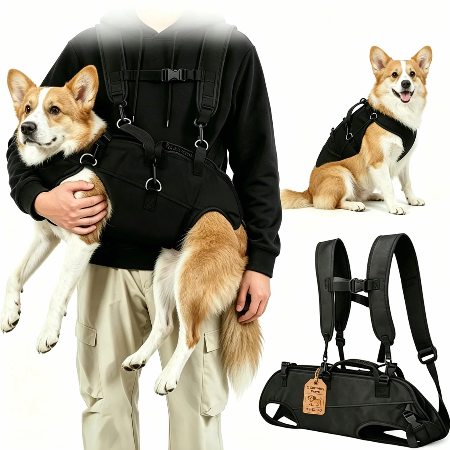 Grand Transport Chien Corps Entier Sac à Dos Bandoulière Réglable Poignée Commande 3 Méthodes Porte Chien 15KG Soutien Chiens Âgés Blessés