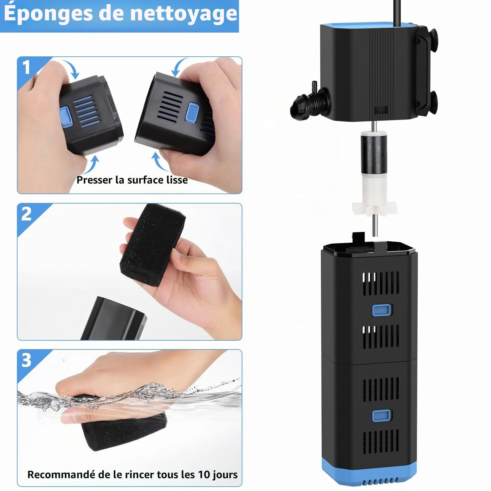 fishkeeper Filtre d'aquarium intérieur réglable 500L/H 6W 4 en 1 Pompe oxygène Machine à Ondes