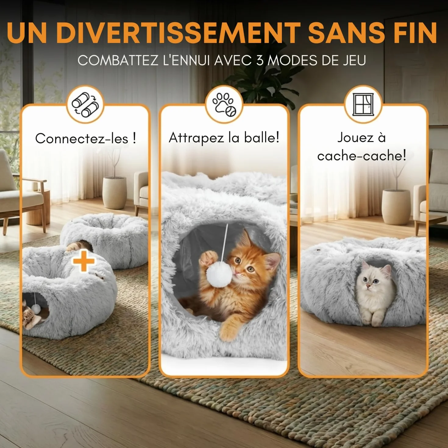 One PETS-TOP Tunnel Chat Rond XXL en Peluche Douce – Lit Tunnel Cachette Confort – Cabane Intérieure pour Chat – Cat Tunnel (Gris Perle)