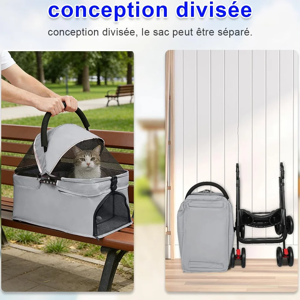 Poussette Chien 3-en-1 Pliable pour Petit Chien Chat jusqu'à 25 kg Roues 360° Résistant à l'Usure