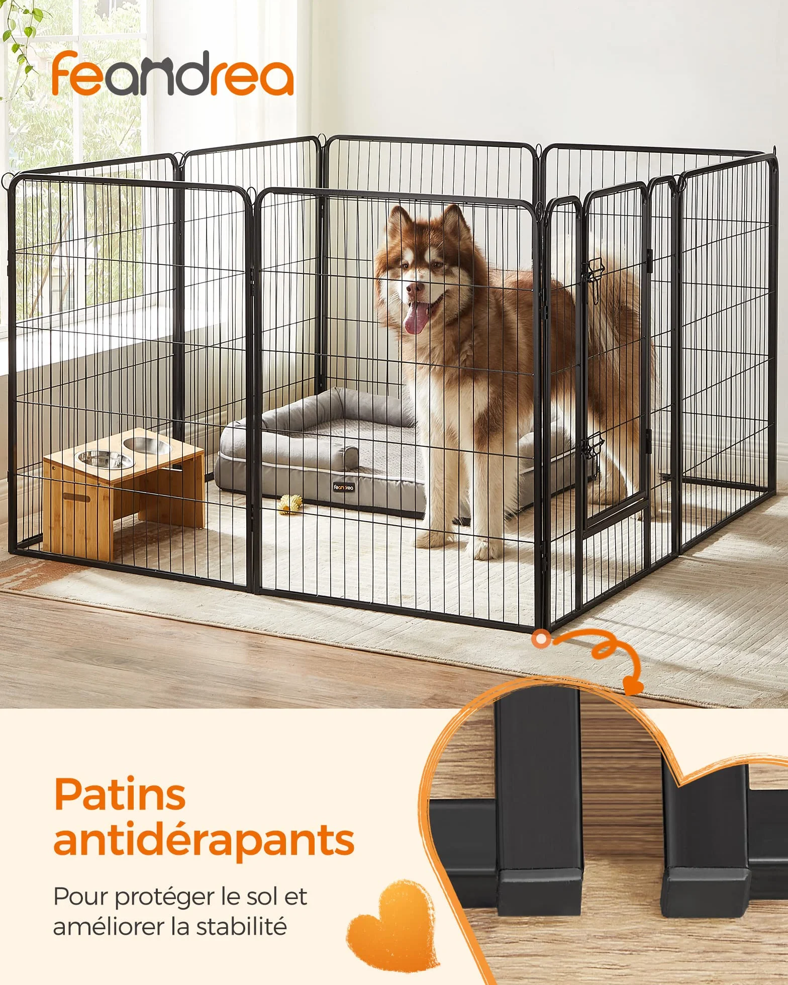 Feandrea Parc pour Chien 8 Panneaux Double Verrou en L 77x100 cm Noir PPK81H