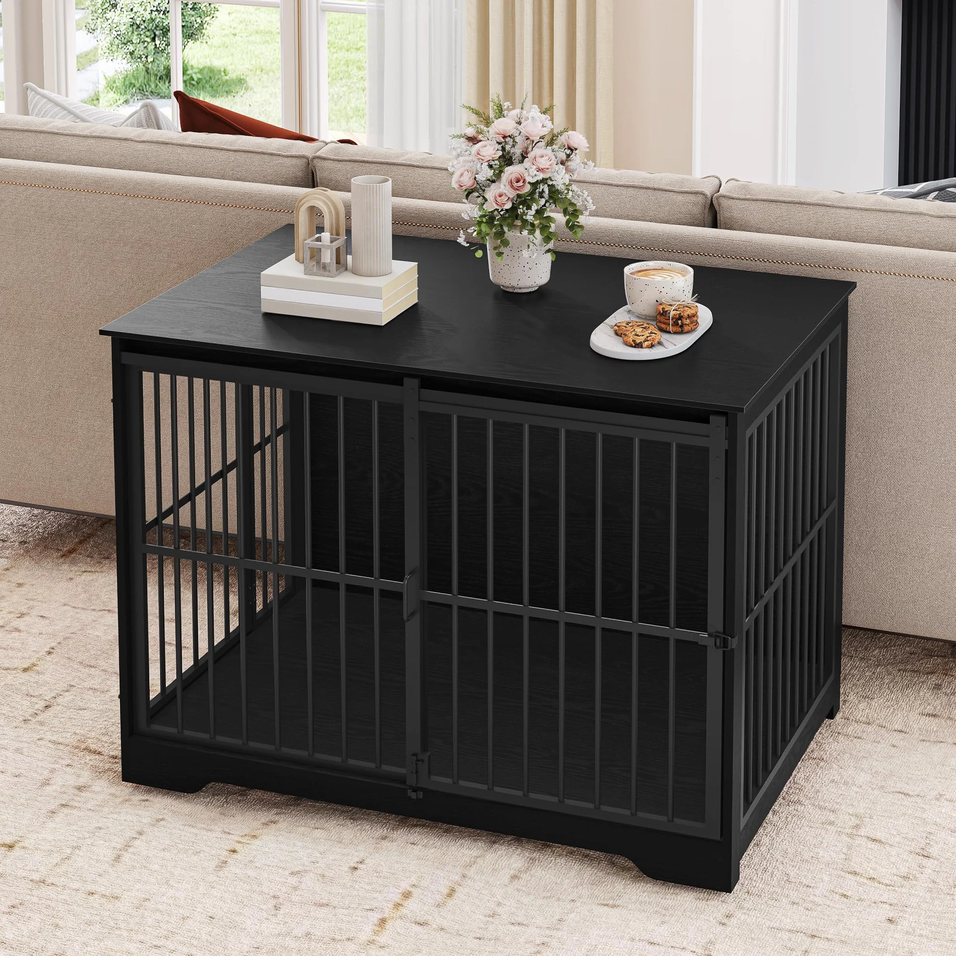 Hzuaneri Cage pour Chiens 110cm Table d’Appoint Niche Moderne 2 Portes 110 × 65 × 81 cm Noire