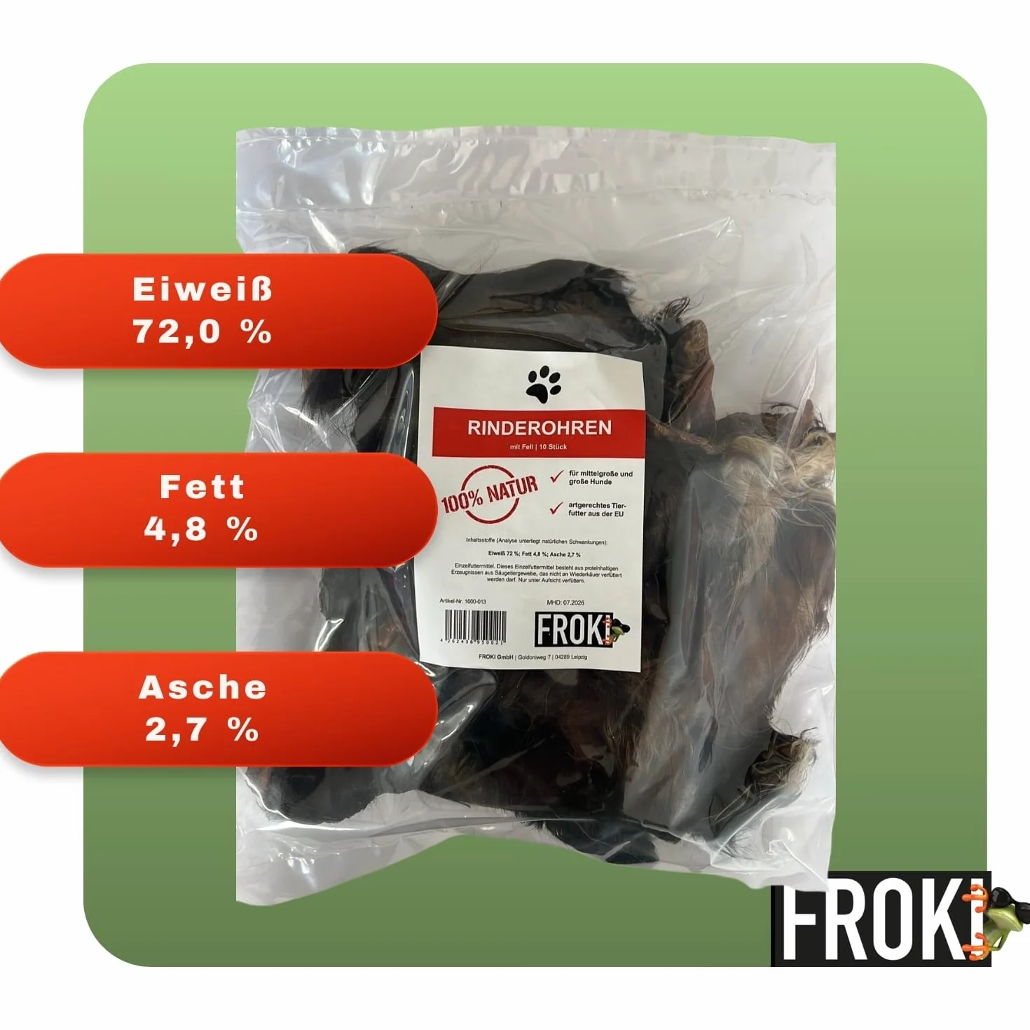FROKI Lot de 10 oreilles de bœuf de qualité supérieure avec fourrure pour grands et petits chiens - 100 % bœuf - 100 % naturel - Friandises pour chien - Friandises à mâcher naturelles - Soin dentaire