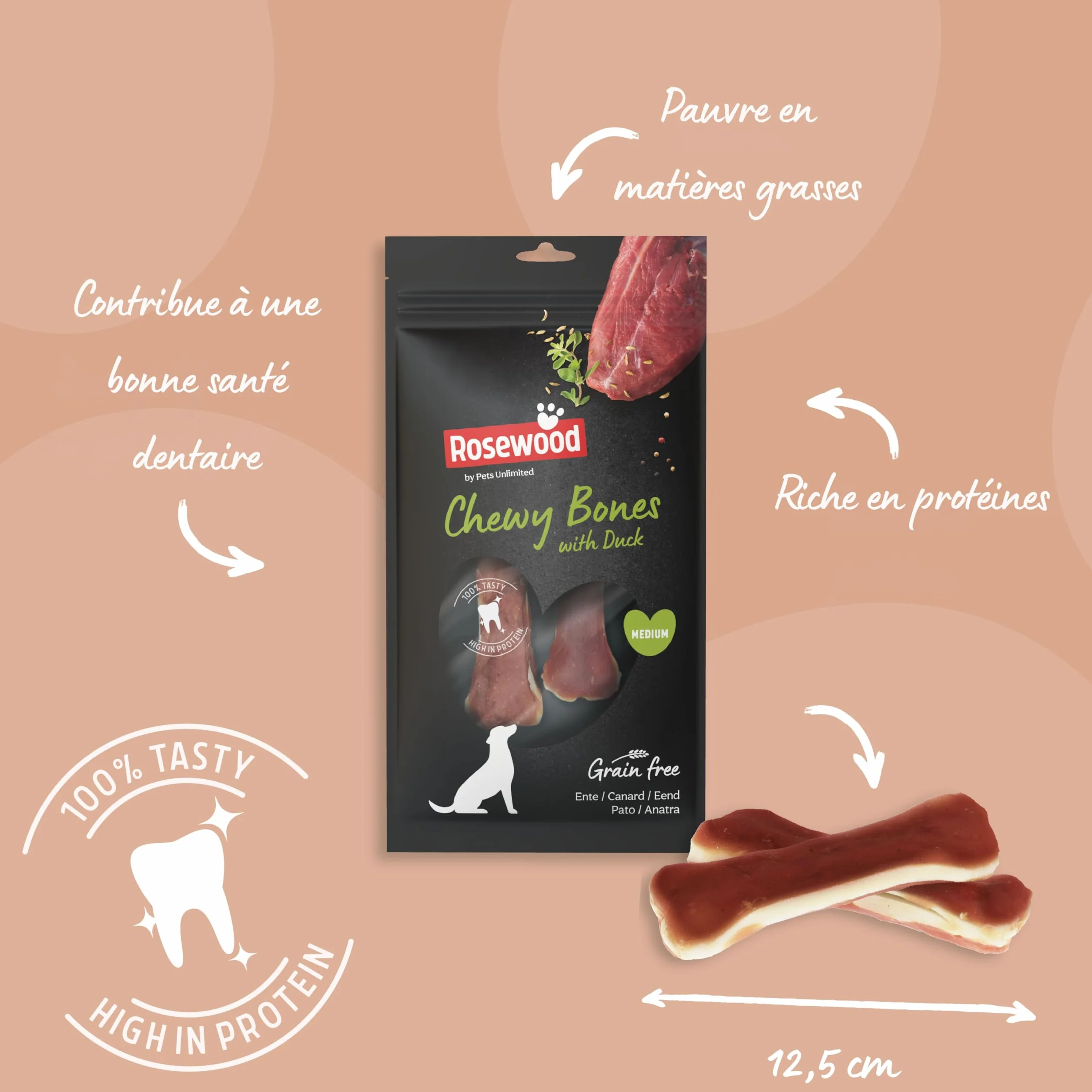 Rosewood Chewy Bones Canard Medium Friandise à mâcher pour Chien Peau de bœuf 80 g