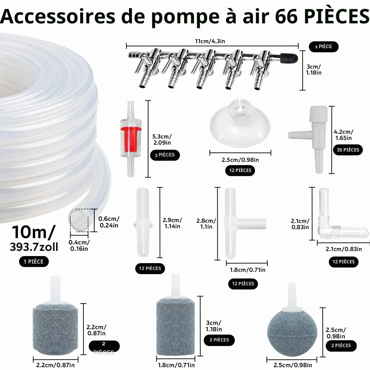 Accessoires de Pompe à Air pour Aquarium, 5 Voies Séparateur de Flux d'Air, 10M Tuyau, Pierre à Air, Valves Anti-Retour, Ventouse, Connecteurs