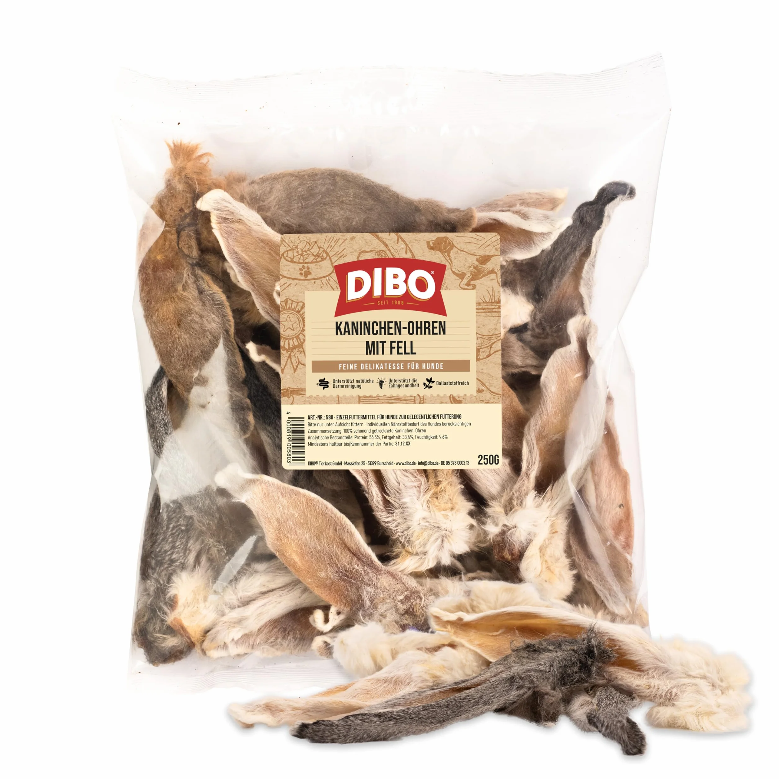 DIBO Oreilles de Lapin avec Fourrure, Sachet de 250 g – Friandise à mâcher Naturelle 100% séchée en Douceur pour Chien, Nettoyage Naturel du côlon, friandises Naturelles et adaptées à l'espèce
