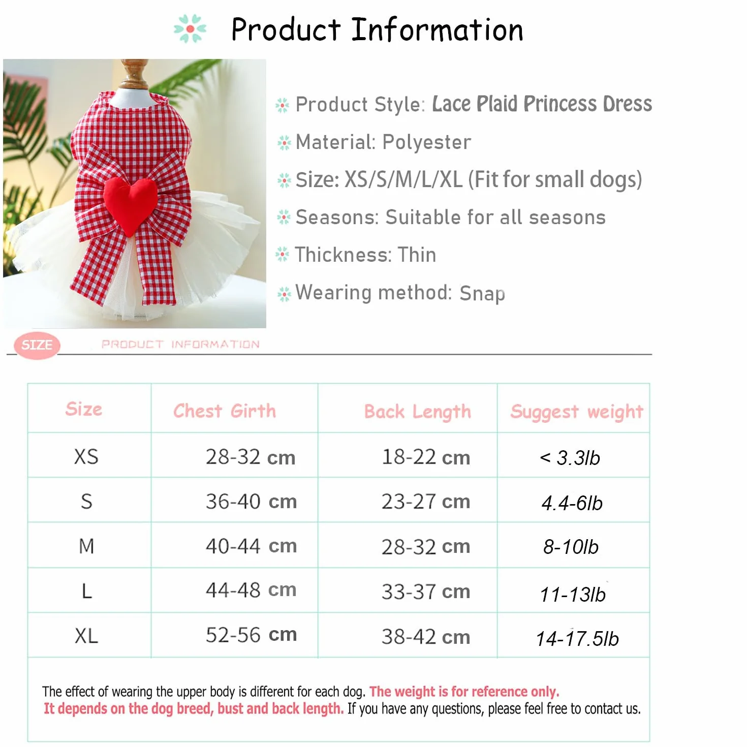 Robe pour Petit Chien Rouge XL Coton Polyester Printemps Été Femelle Jupe