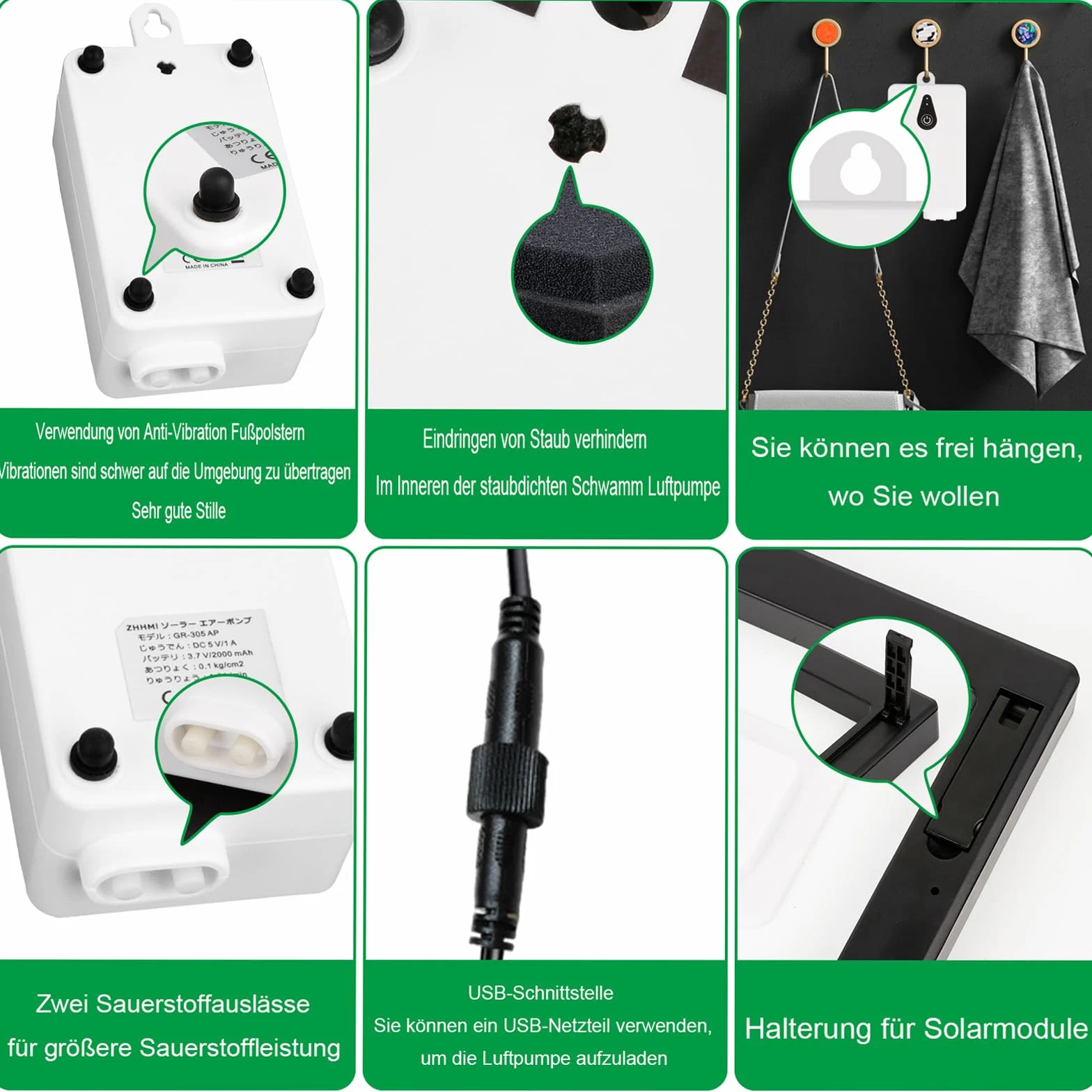 Pompe à air solaire 2W pour aquarium, aérateur de pêche avec tube et pierres à bulles, chargement USB