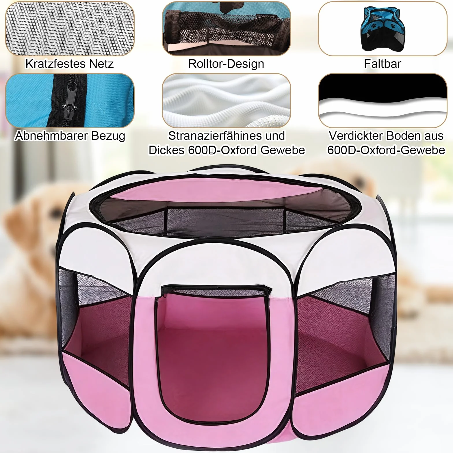 Parc pour Chien Portable Tente Respirante Intérieur Extérieur 74 x 74 x 43 cm Rose