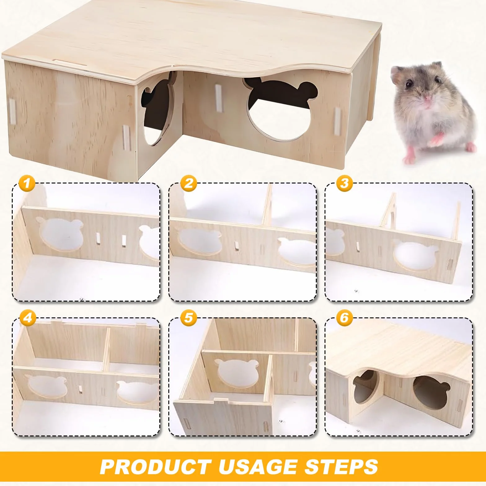 SenZee Maison pour hamster en bois, cachette multi-chambres en bois avec couvercle pour hamsters et petits animaux de compagnie