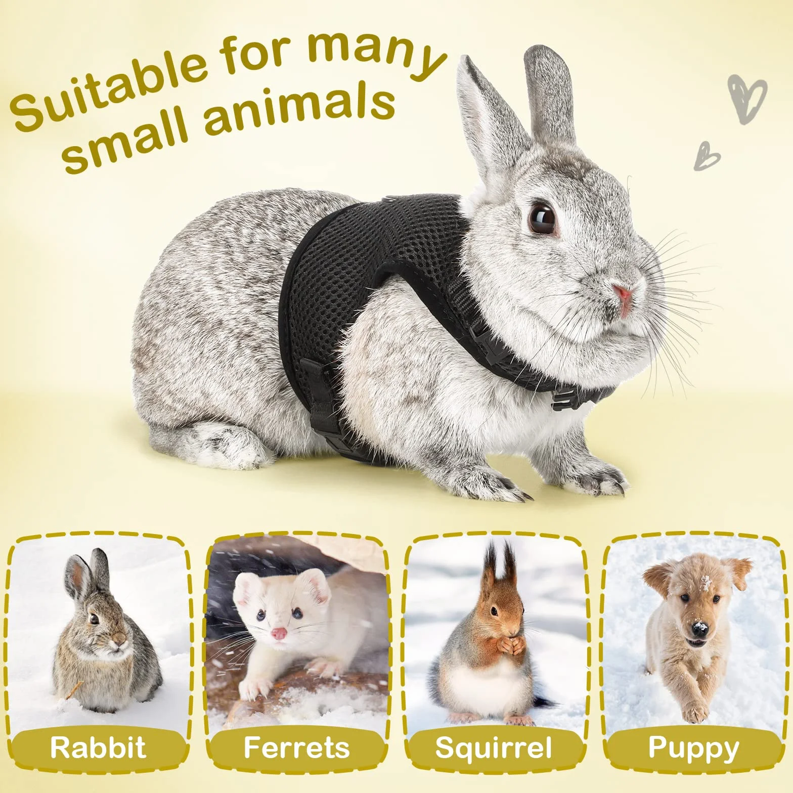 HAPPY HACHI Harnais pour Lapins Cochons d'Inde Petits Animaux avec Laisse Élastique Gilet Souple pour Promenade (L, Noir)