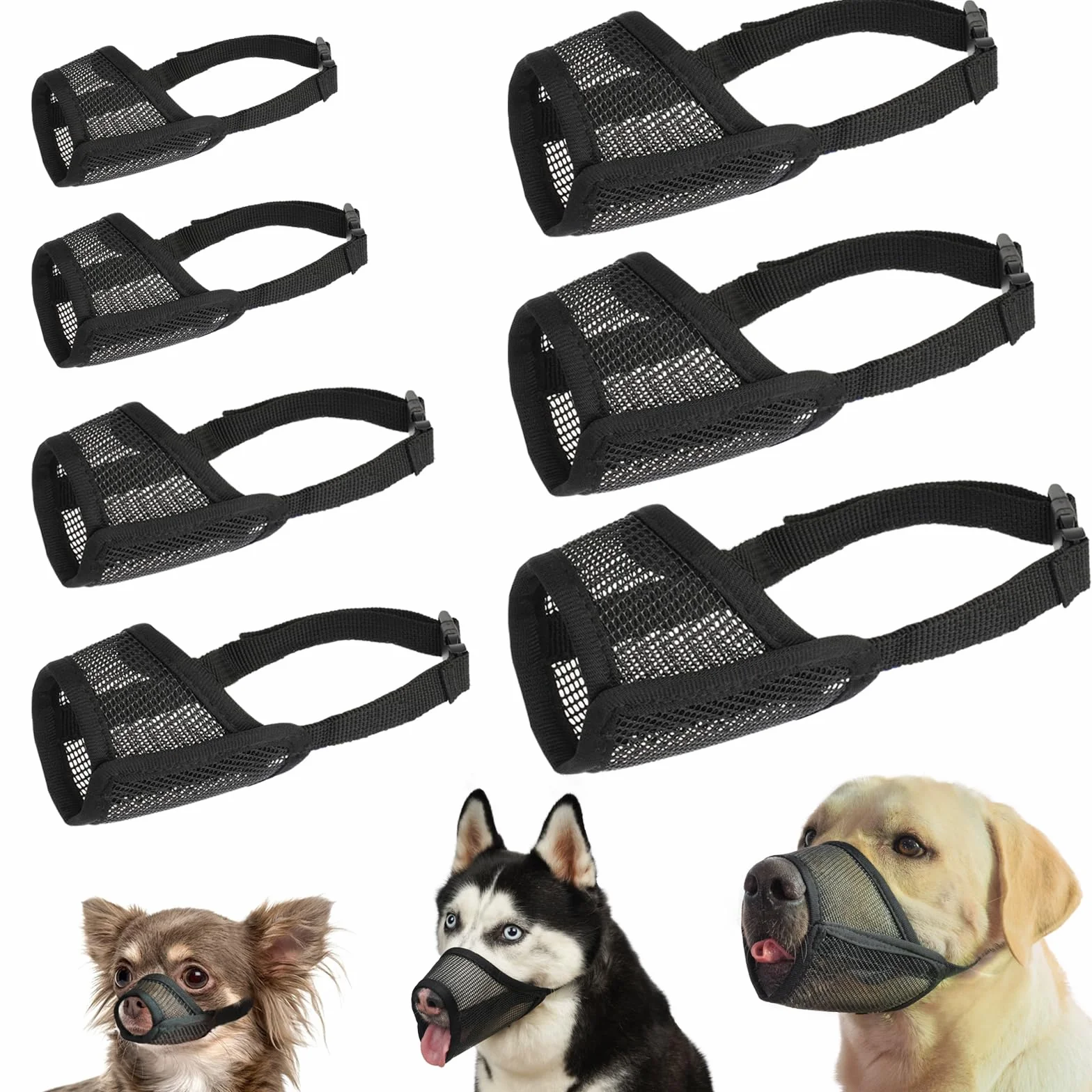 Lot de 7 muselières pour chiens de petite, moyenne et grande taille, muselière en maille pour chiens anti-morsure, mastication, aboiement, ensemble de muselière respirante avec sangle réglable pour le