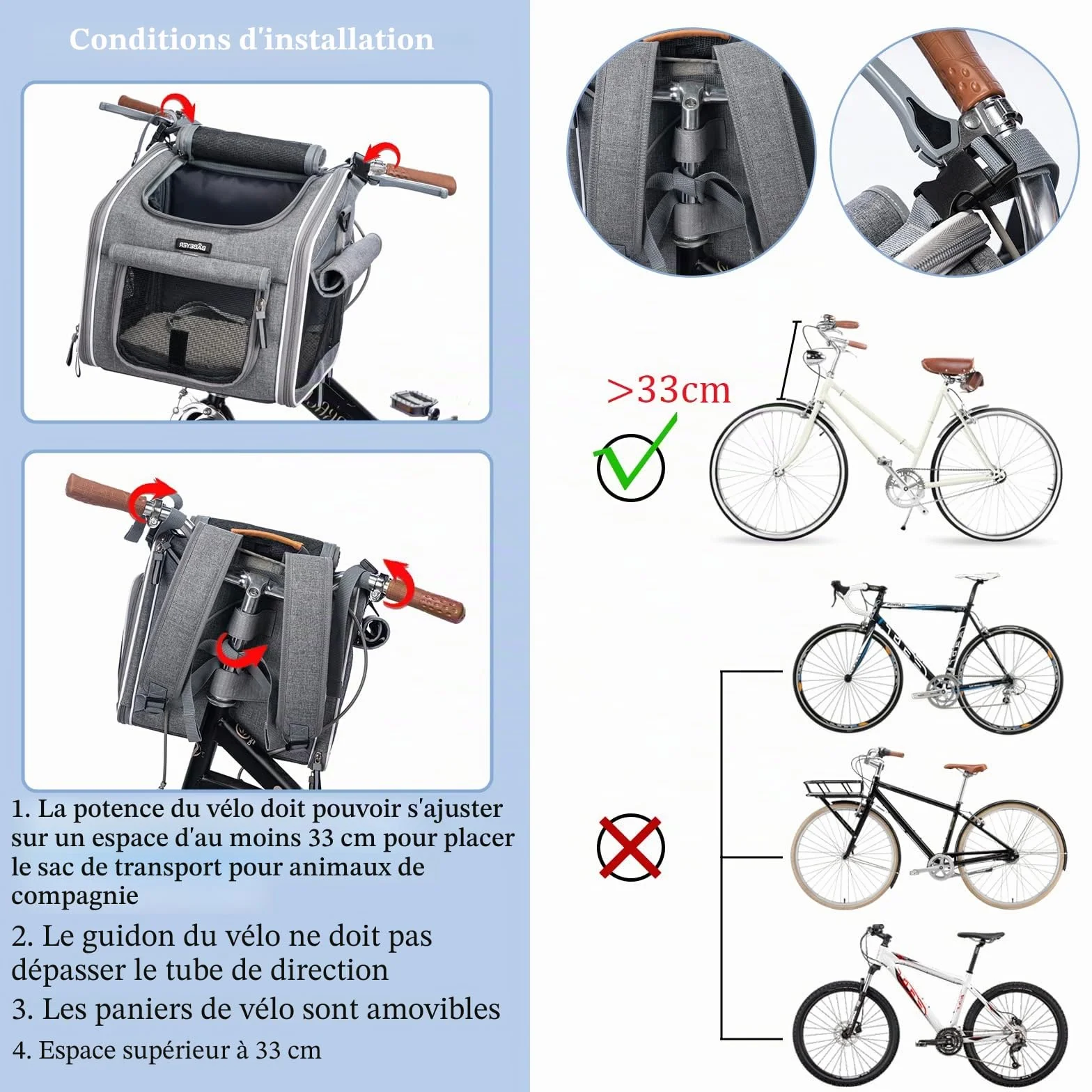 Panier de vélo pour chien sac à dos transport souple extensible 4 portes 4 fenêtres en maille gris