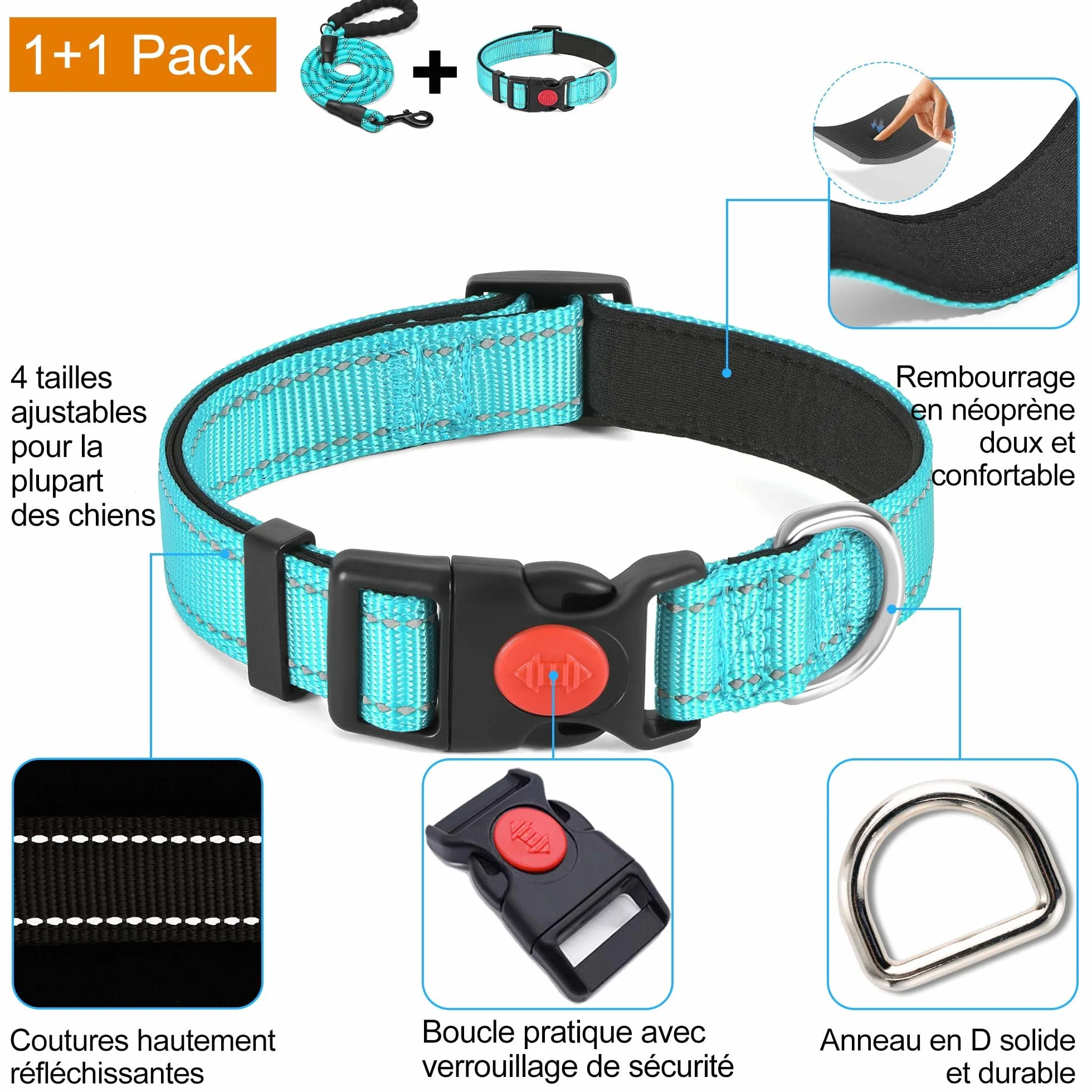 Collier pour Chien réfléchissant rembourré en néoprène Souple et Respirant, réglable en Nylon pour Chiens