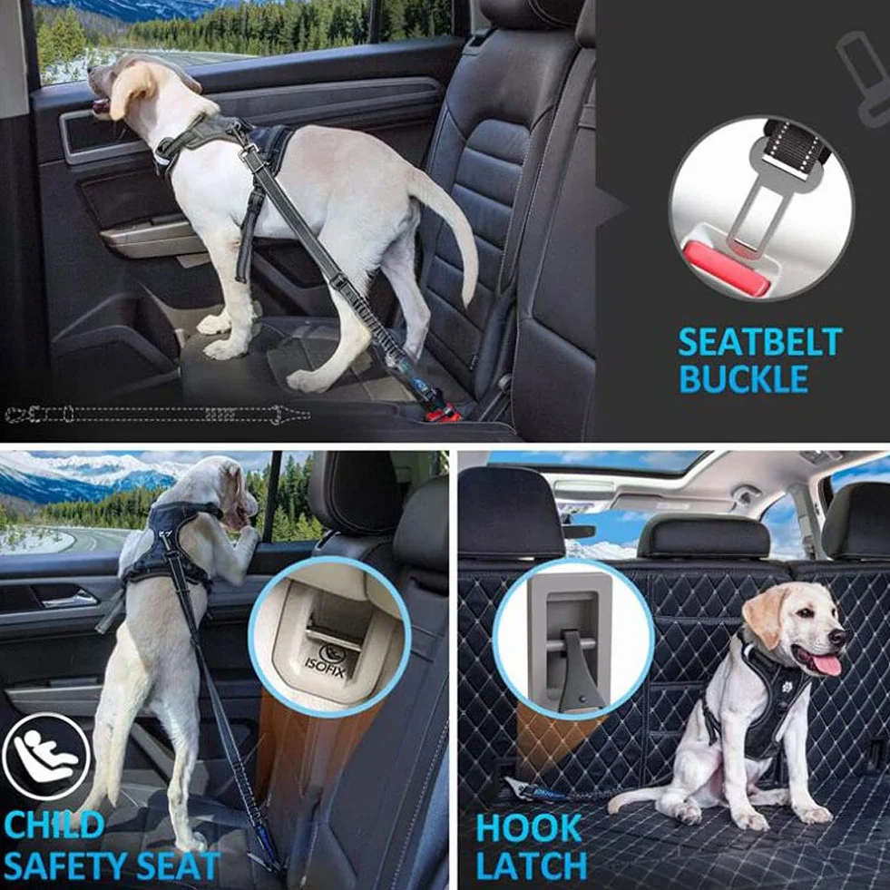 Ceinture Sécurité Chien Voiture Réglable Amorti Absorption Chocs Réfléchissante Élastique Noire
