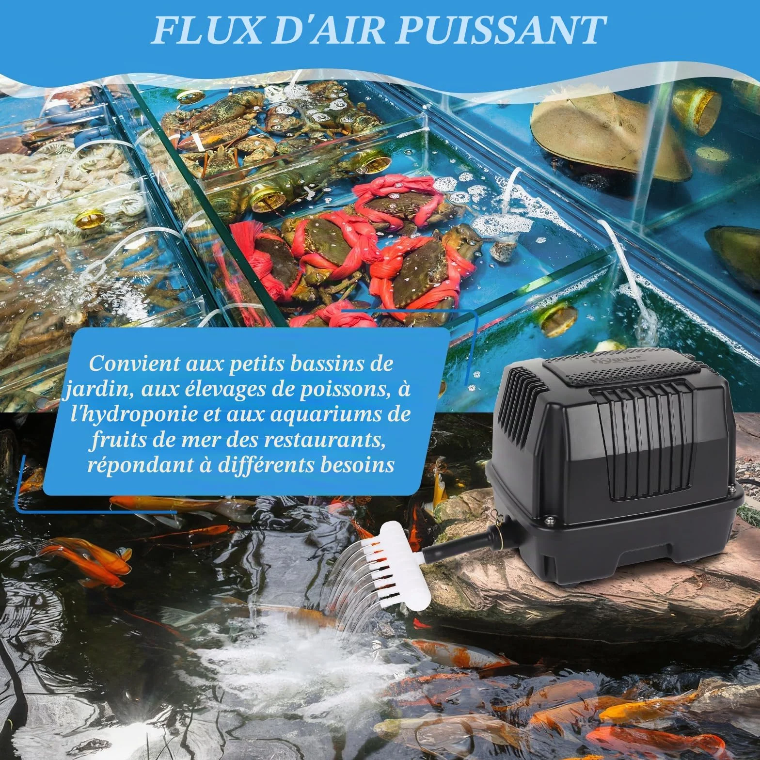 hygger Pompe à Air pour Bassin 25W Silencieuse Extérieur avec Conversion Connecteur