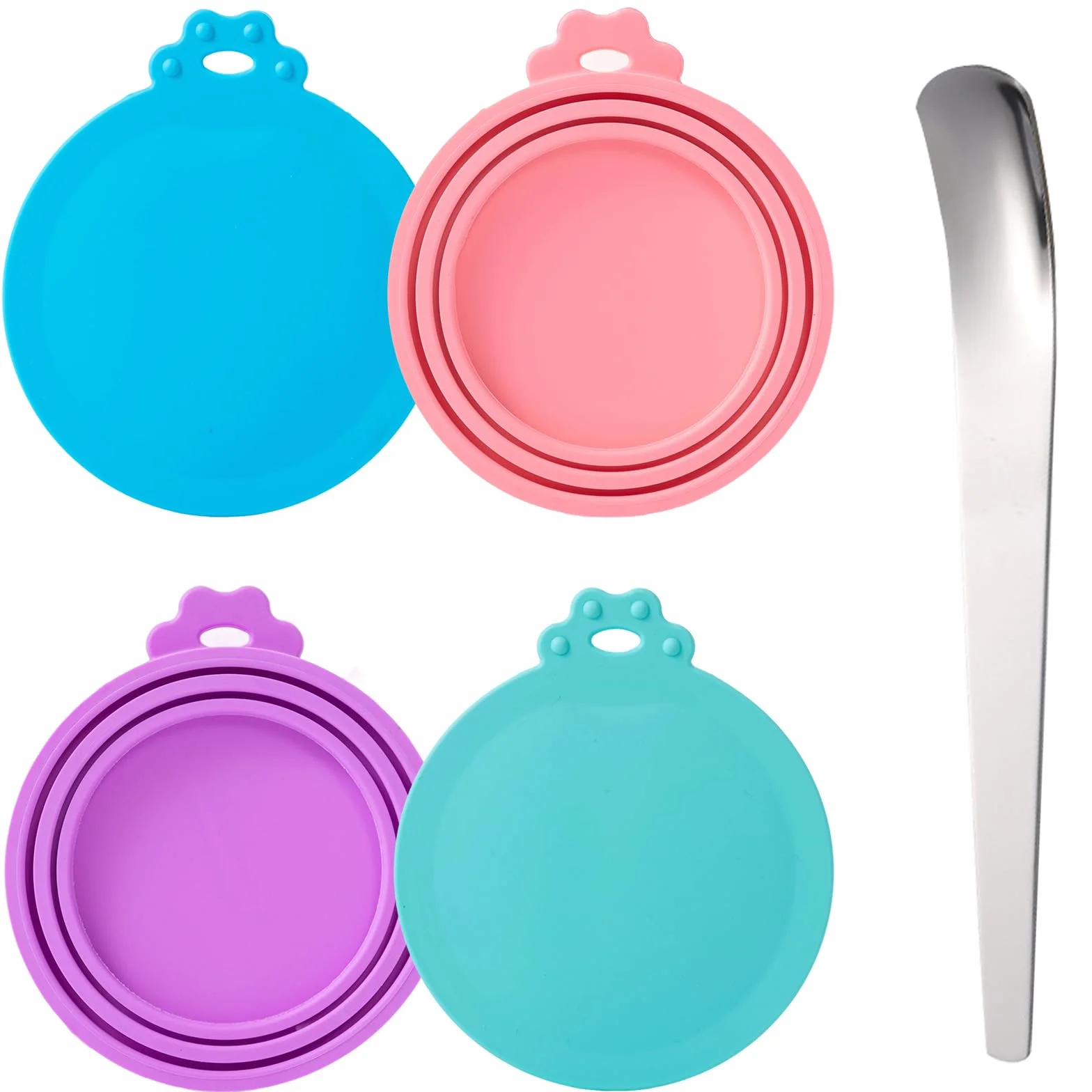 Lot de 4 Couvercles Silicone Alimentaire pour Chats et Chiens avec Cuillère