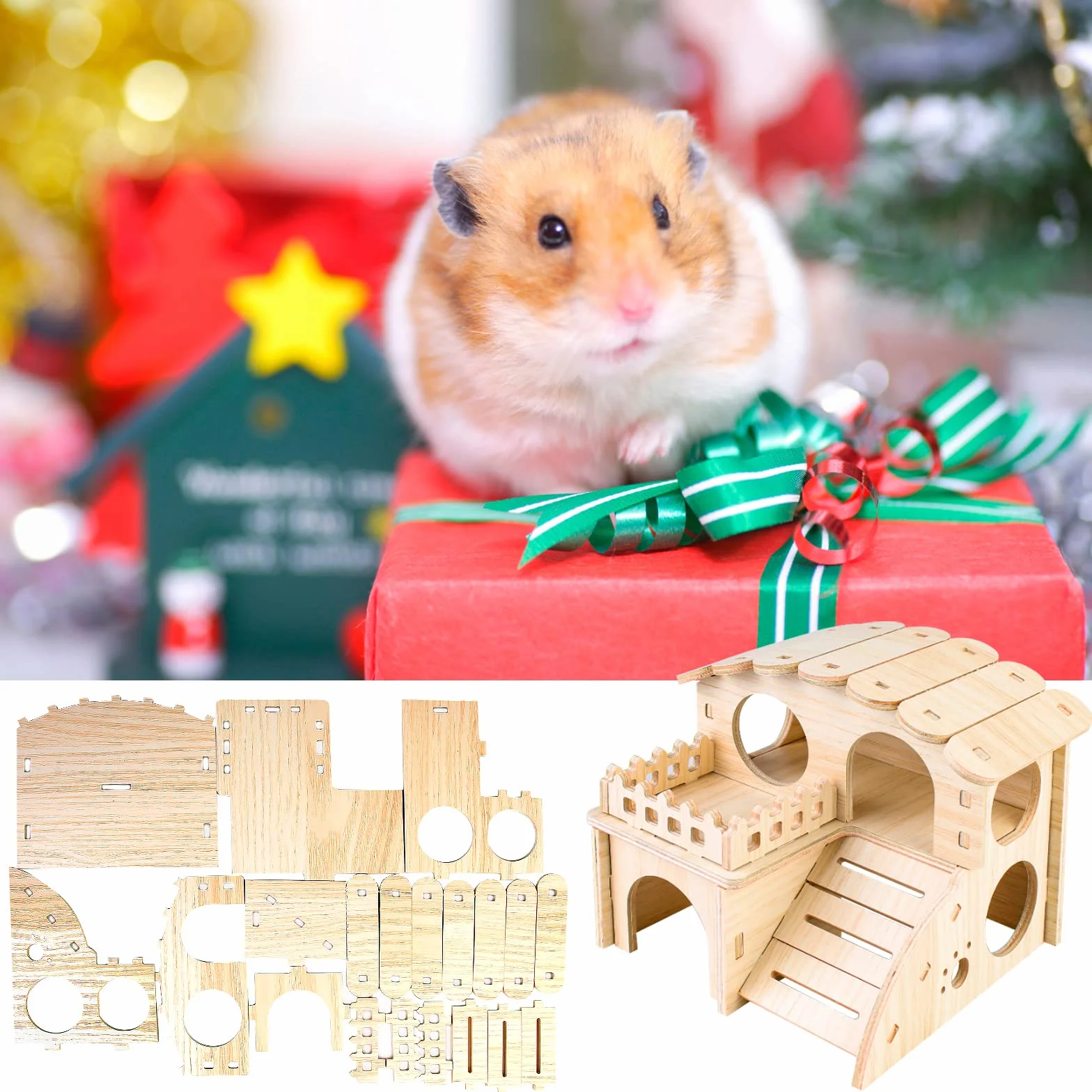 Maison Hamster,Maison en Bois pour Hamster,2 Etages Maisonnette pour Hamster,Hamster Maison d'angle,Jouet pour Hamster,Maison Cochon d'inde,Accessoire Hamster pour Hamster Nain Cochon Gerbille Rongeu