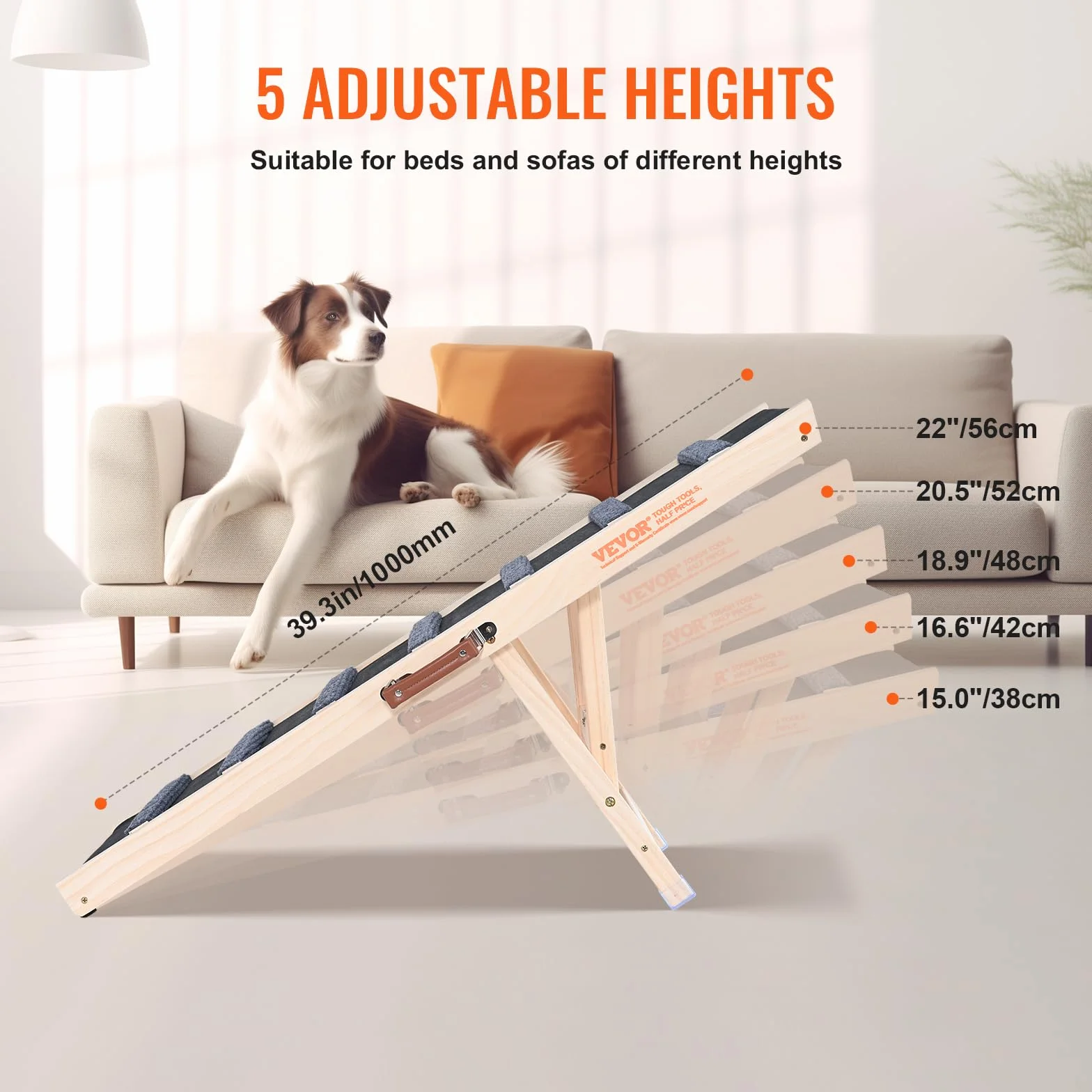 VEVOR Rampe pour Chien Longueur 1000 mm Rampe Pliable de Voiture Antidérapante pour Chiens de Petite ou Grande Taille Hauteur Réglable 38-56 cm Convient pour Lit, Canapé, Sofa, Intérieur, Extérieur