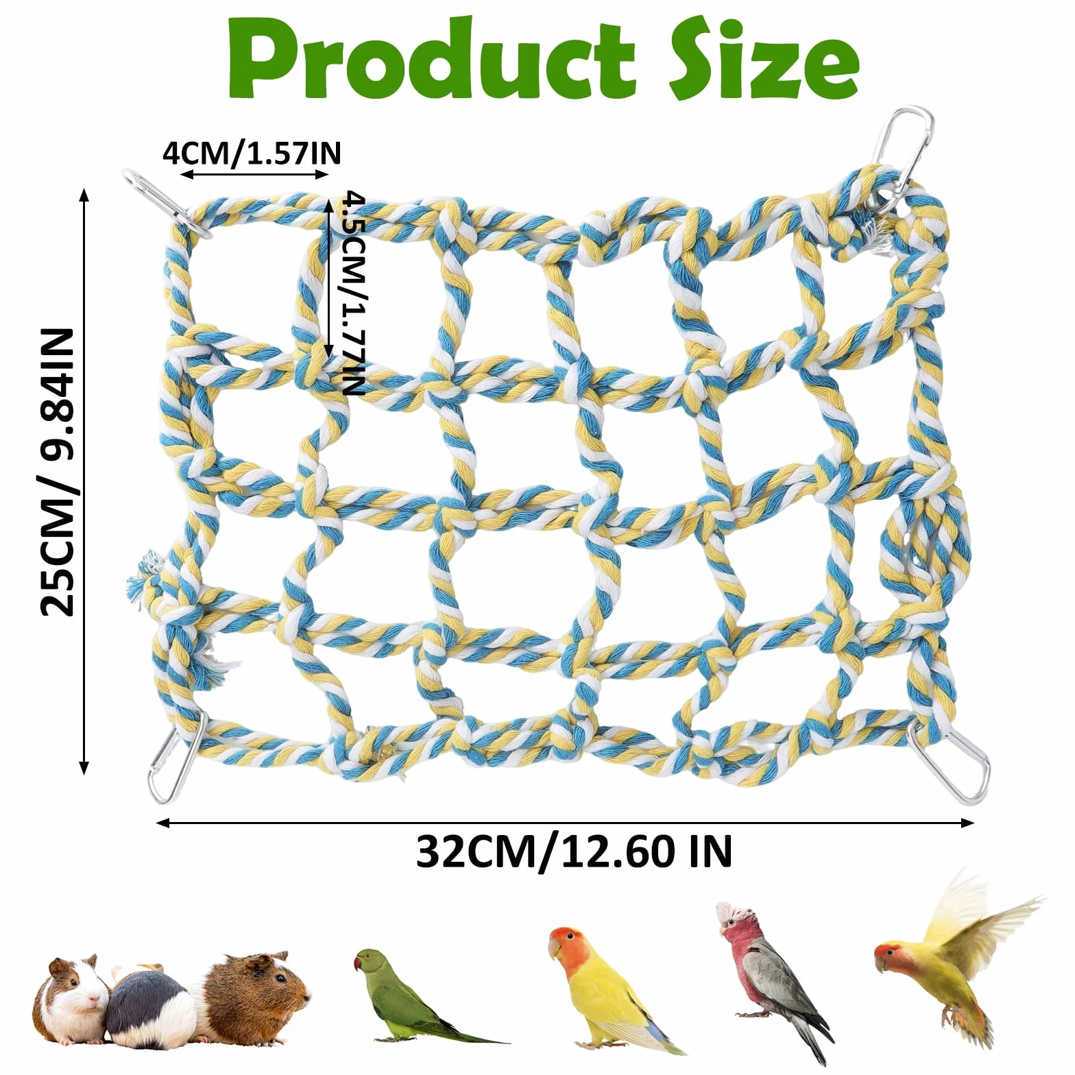 Lot de 2 Filets d’Escalade colorés en Coton pour Petits Animaux – Accessoires pour Cage de Rat avec 4 Crochets – hamac pour Rat, Perroquet, Hamster et Furet – Filet Suspendu Durable et Lavable