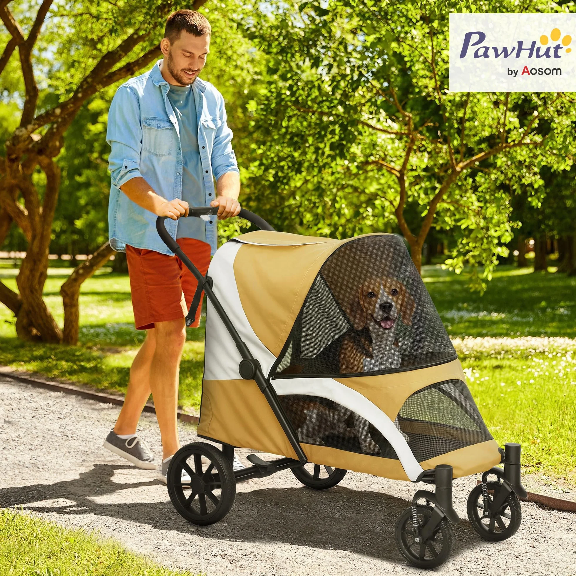 PawHut Poussette pliable pour chiens et chats jusqu'à 30 kg avec coussin et sac de rangement Marron