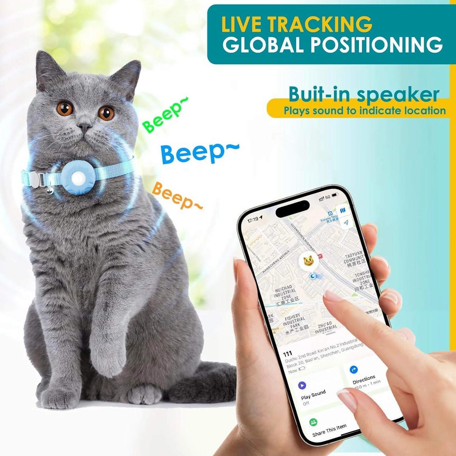 Collier de suivi pour chat avec étiquette de localisation et support de suivi, pas de frais mensuels, compatible avec Apple Find My (iOS uniquement), bande réfléchissante avec clochette (bleu)