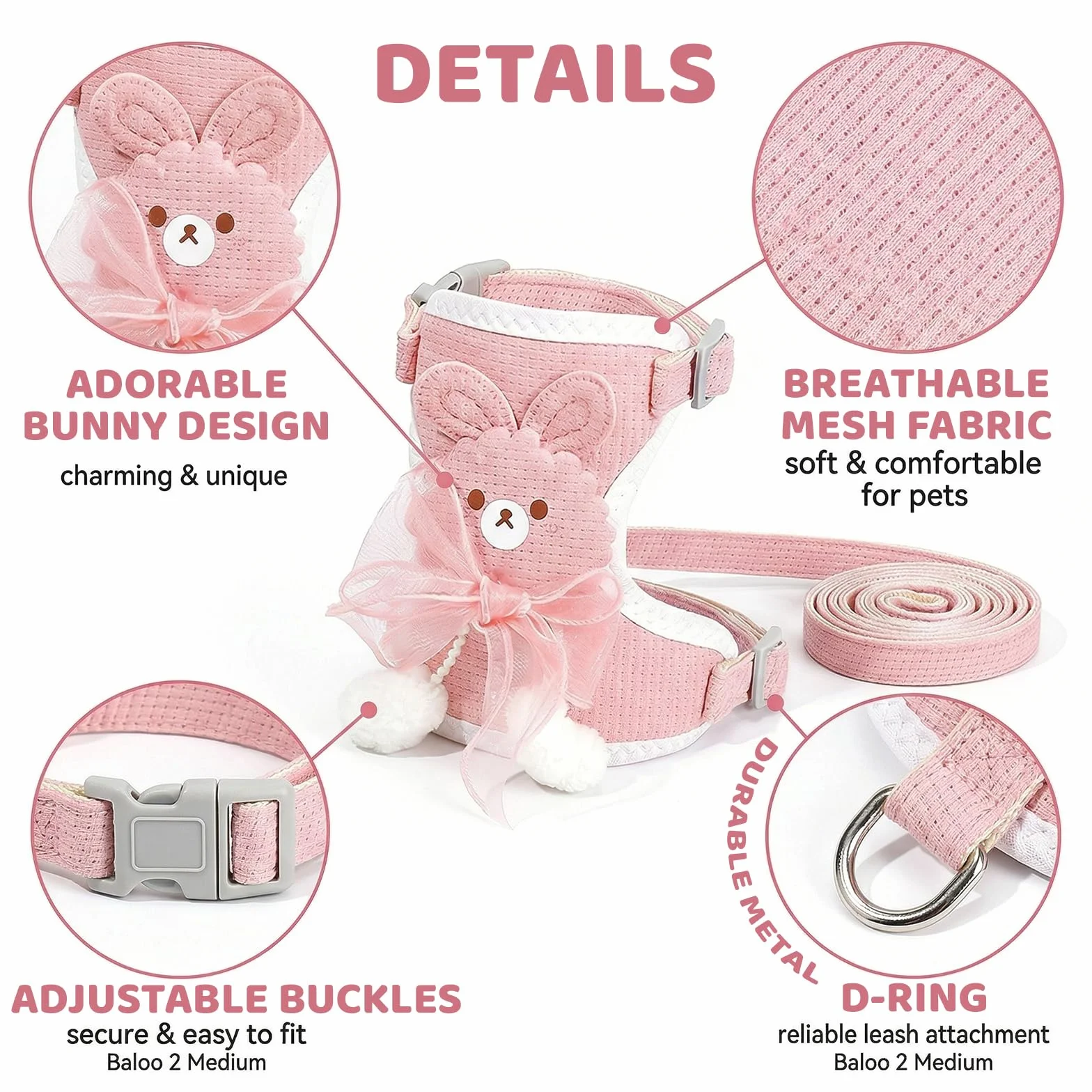Harnais Lapin Nain avec Laisse Réglable Respirant (1-3 kg)