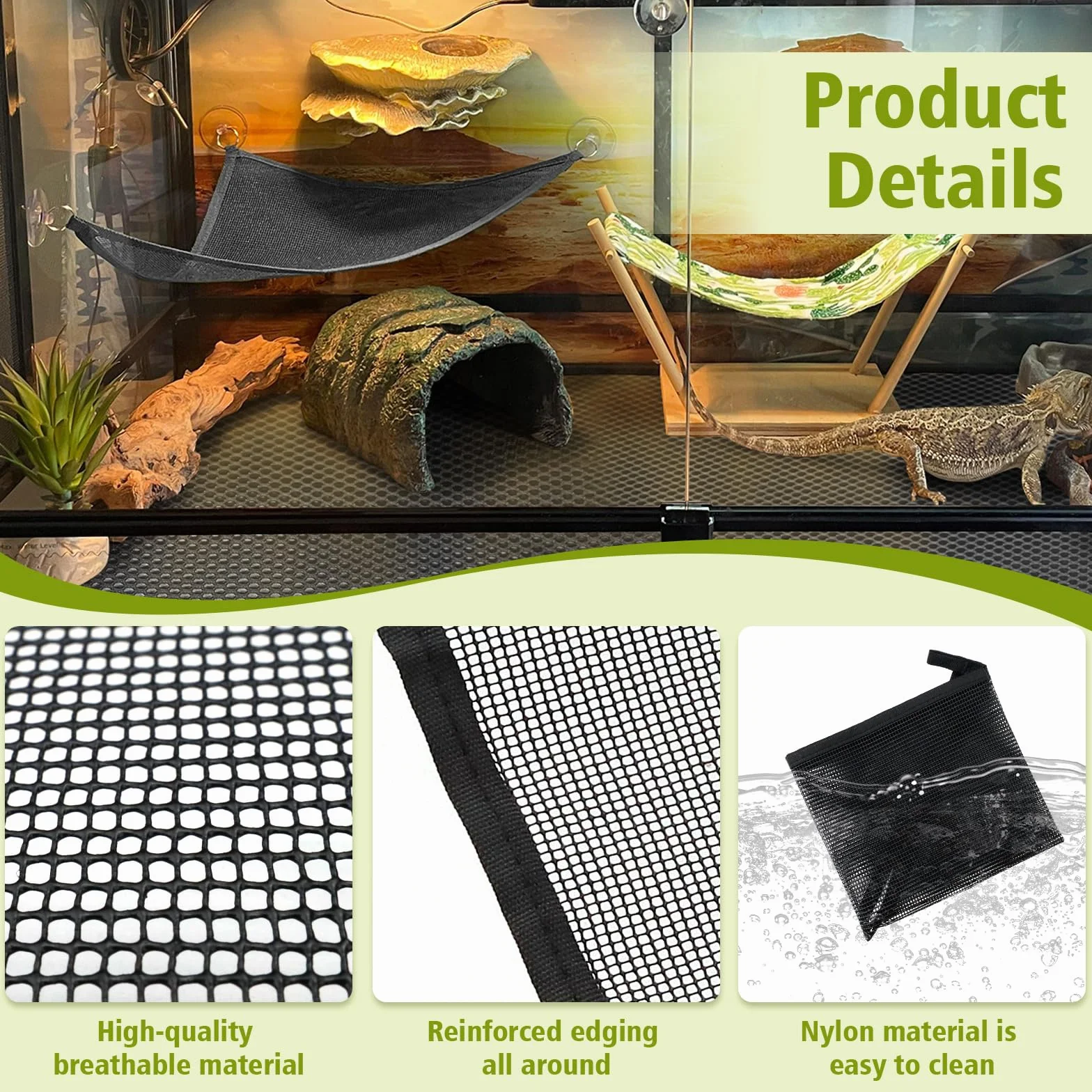 Lot de 2 grands hamacs en forme de dragon barbu (1 rectangle + 1 triangle), accessoires pour aquarium de reptiles avec ventouses puissantes, lit de salon pour lézards, serpents, geckos et petits