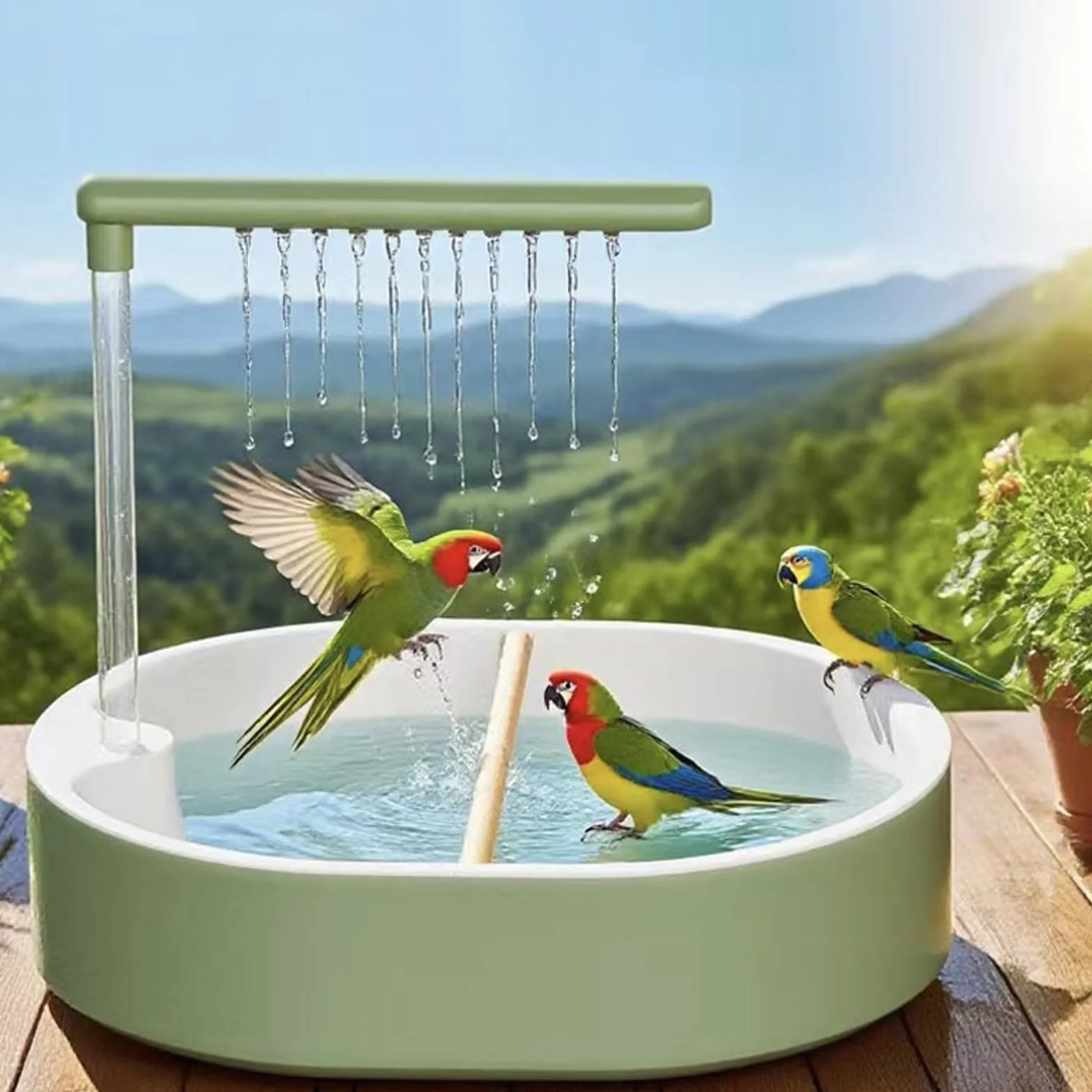Baignoire Oiseaux Fontaine Douche Automatique pour Perruches, Perroquet, Conures, Cacatoès (Vert)