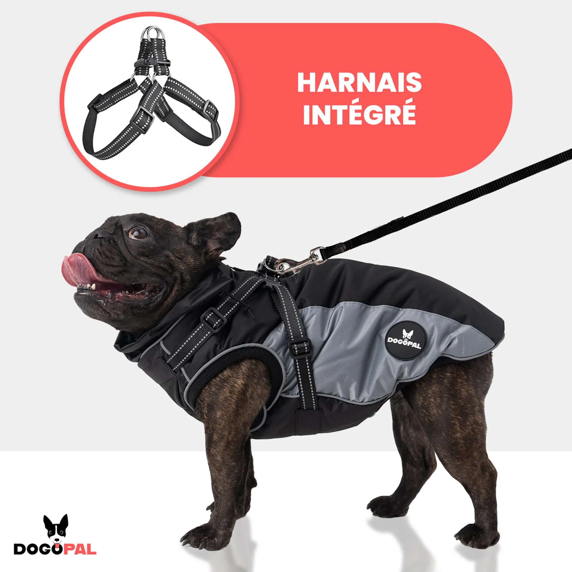 DOGOPAL Manteau Imperméable pour Chien avec Harnais Intégré – Veste de Pluie Réfléchissante, Coupe-Vent et Chaude pour Chien, Veste de Protection pour Petits, Moyens et Grands Chiens (Gris, 45)