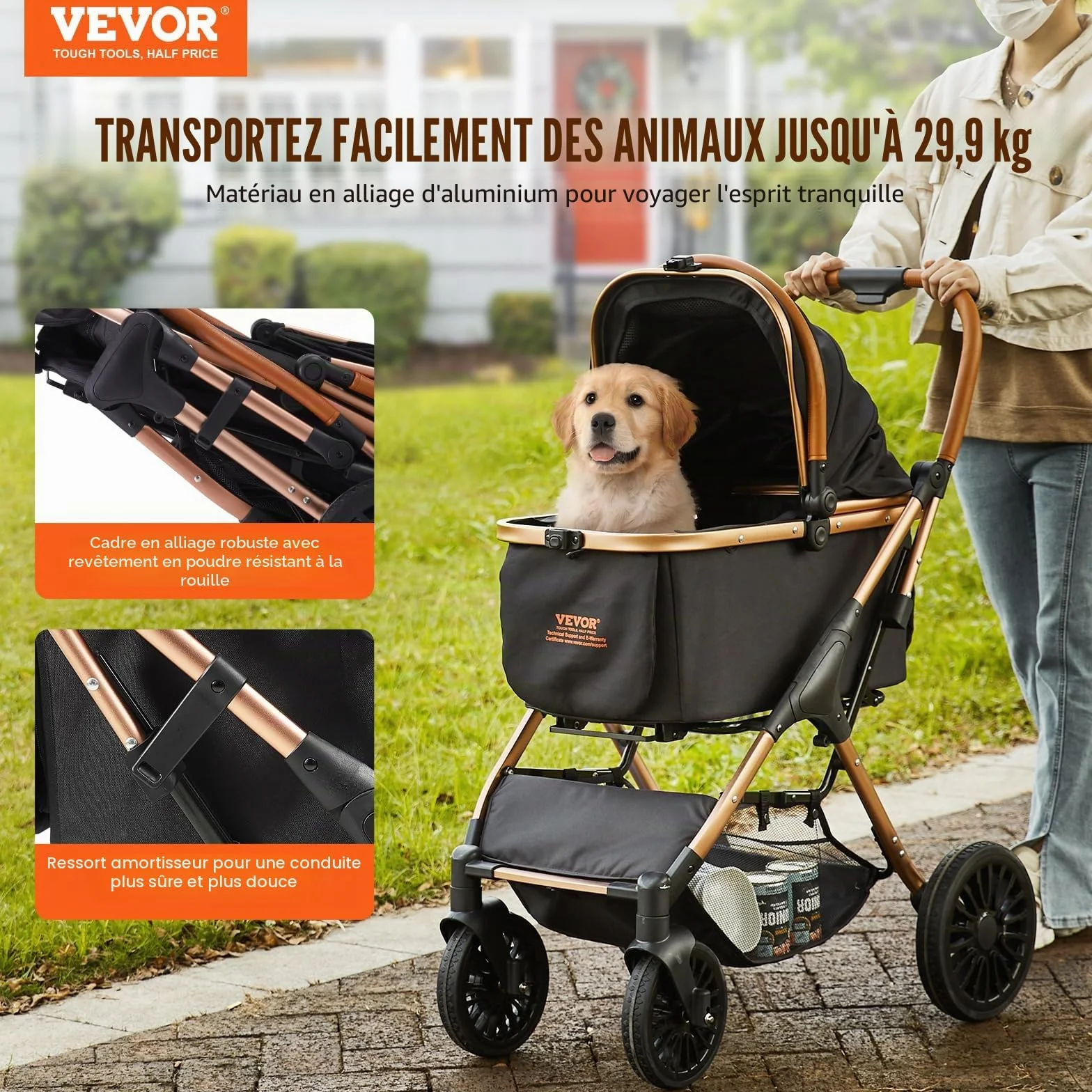 VEVOR Poussette pour Chien 4 Roues Pivotantes avec Freins 30 kg Noir
