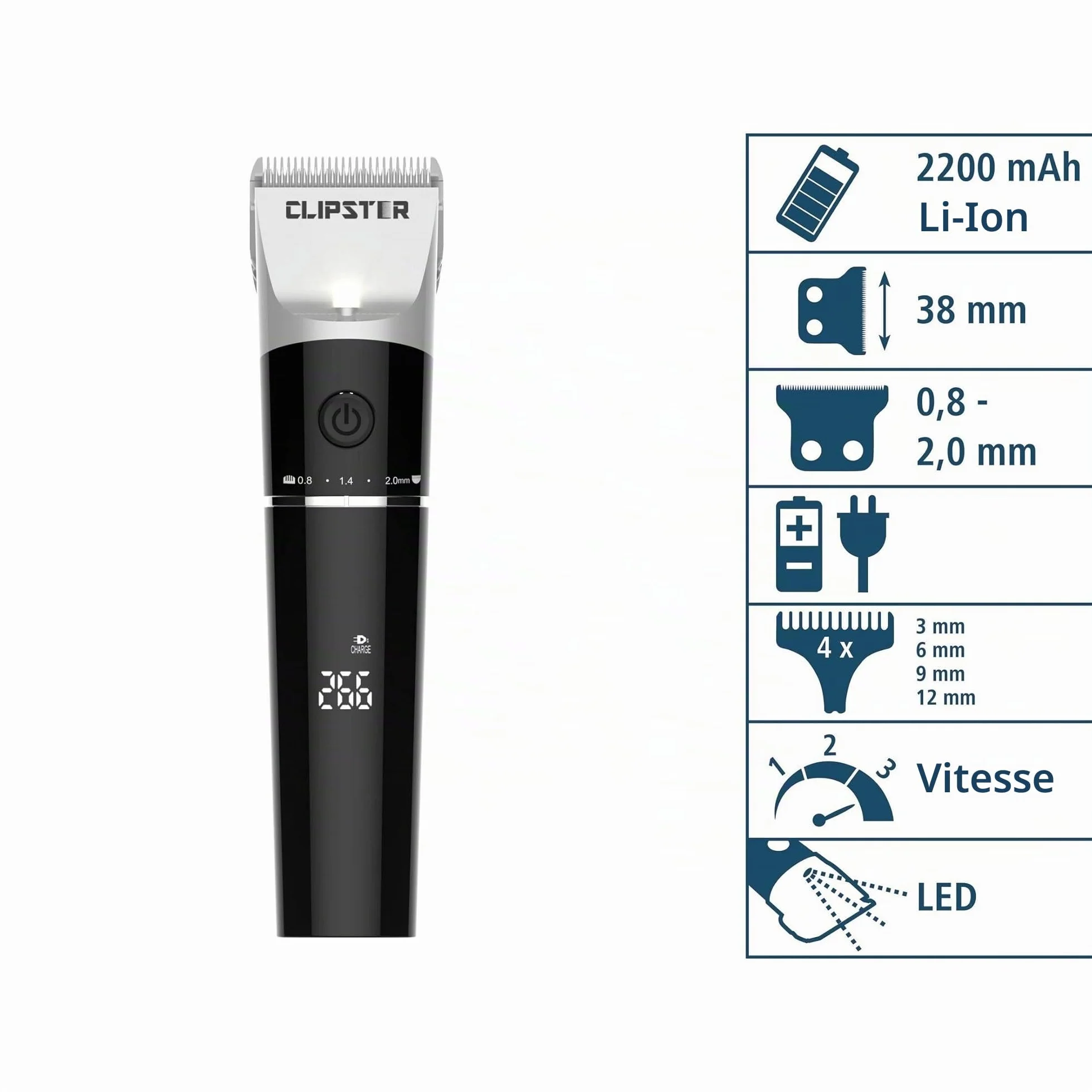 Tondeuse sans fil Clipster DeloX pour animaux 4 sabots 38 mm 300 min batterie lithium-ions