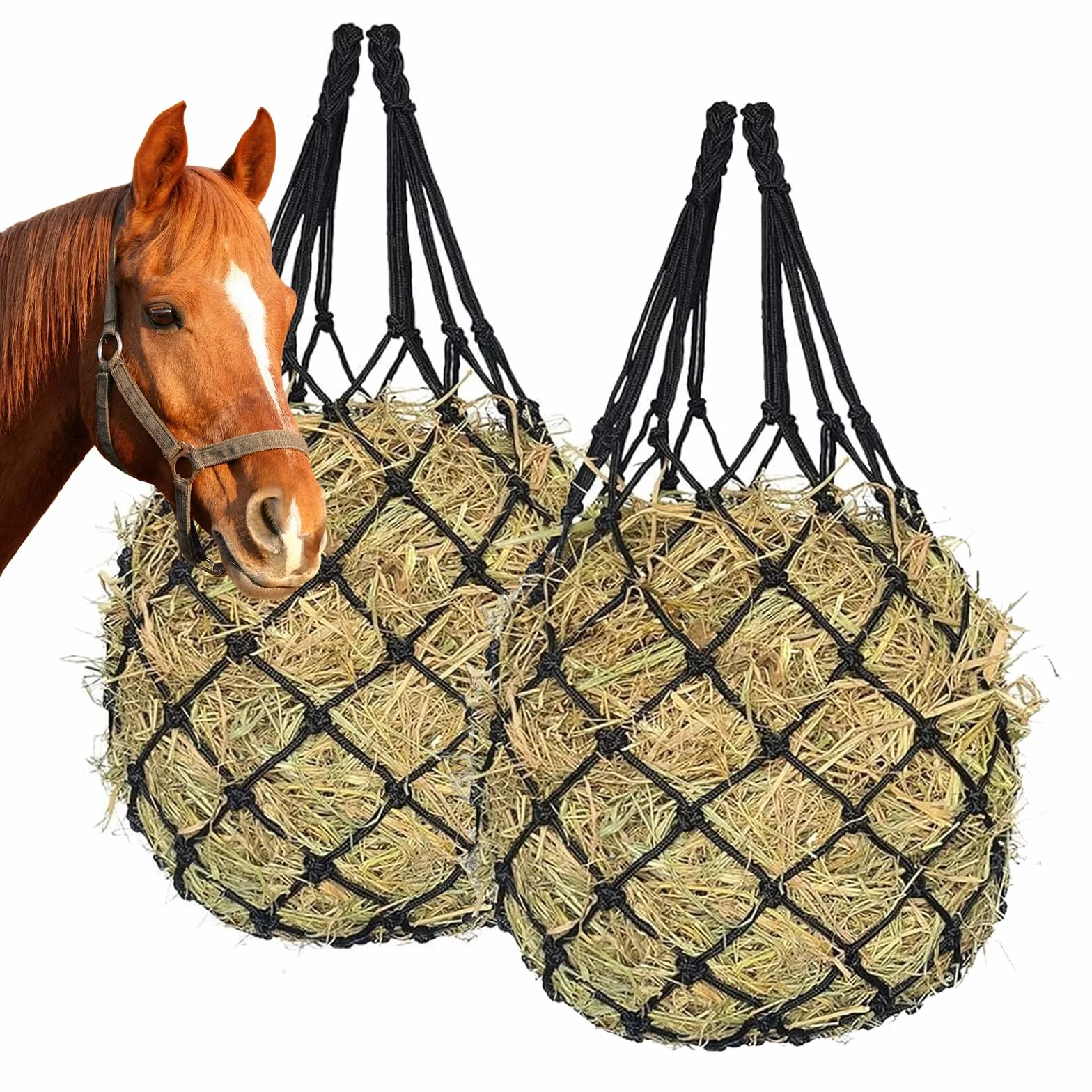 Filets à Foin Cheval Mailles Fines 5x5cm Portable Robuste Réduit Gaspillage Aliments Noir