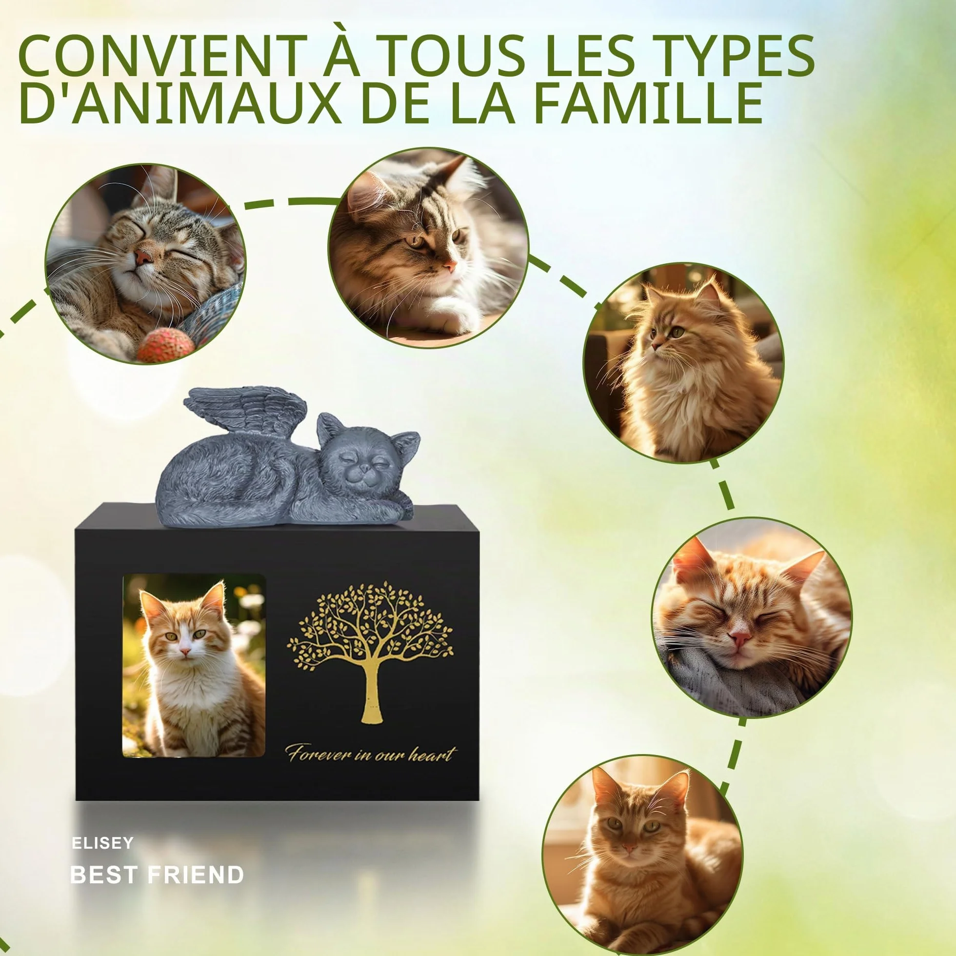 Urne pour chat en bois avec statue de chat en résine et pochette en velours