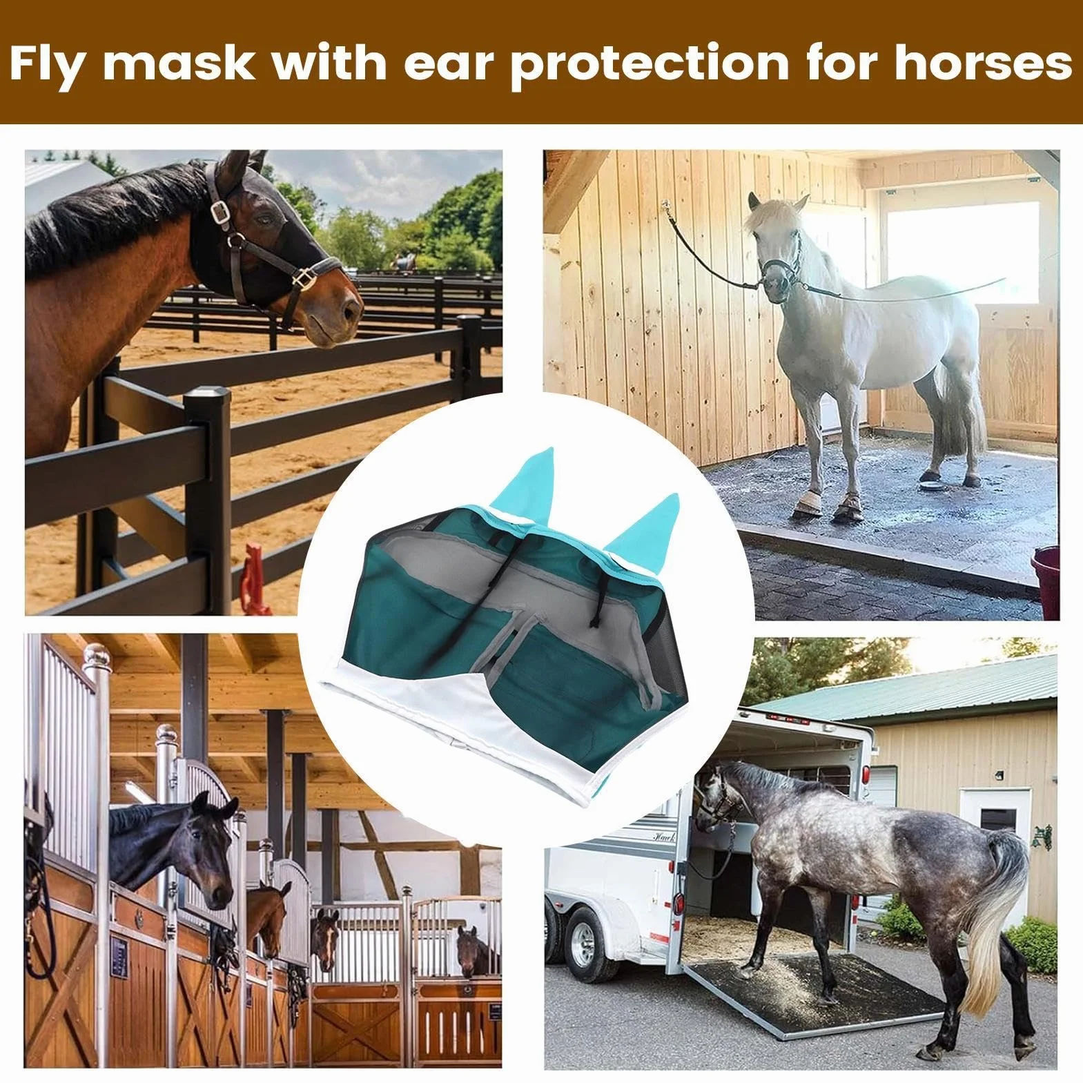 Masque Anti-Mouches pour Cheval, Tissu Respirant Protection UV, Couvre-tête Demi-Visage avec Oreilles et Bandeau élastique