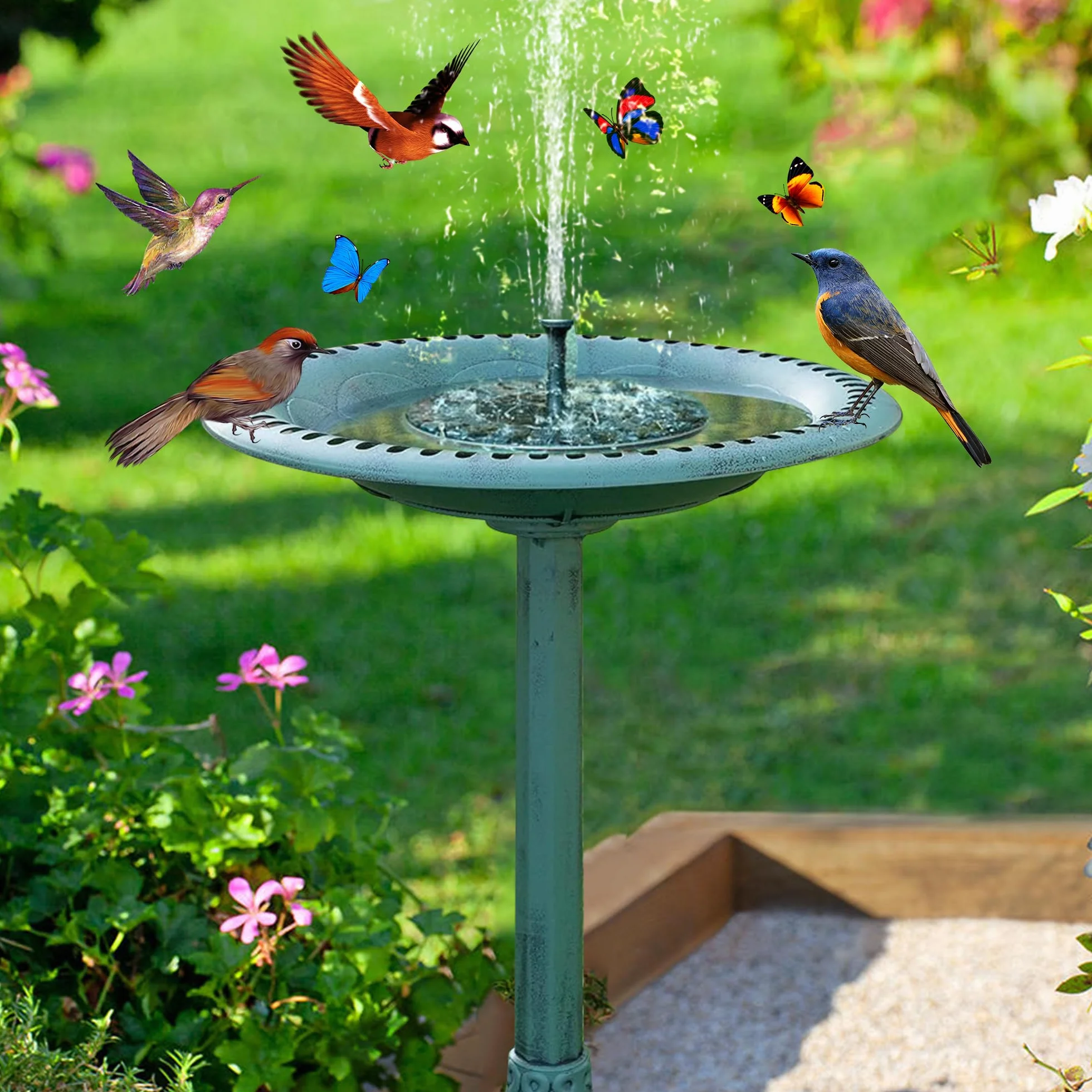 Bain d'oiseaux Vertical avec Fontaine Solaire, Distributeur de Nourriture pour Oiseaux Sauvages, 2 en 1, Vert
