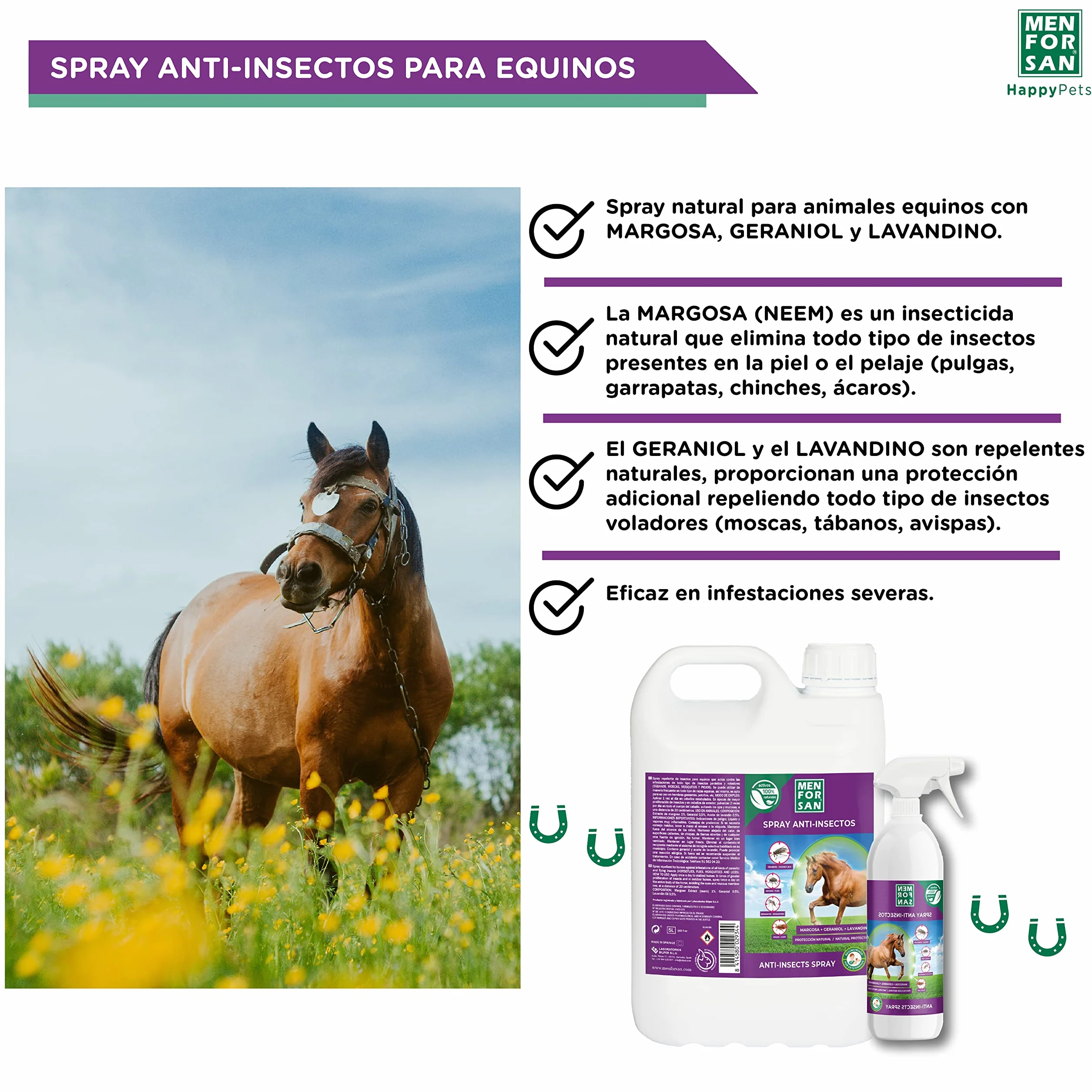MENFORSAN Spray Anti-Insectes pour Chevaux 750ml Répulsif Naturel Margosa Géraniol Lavandin