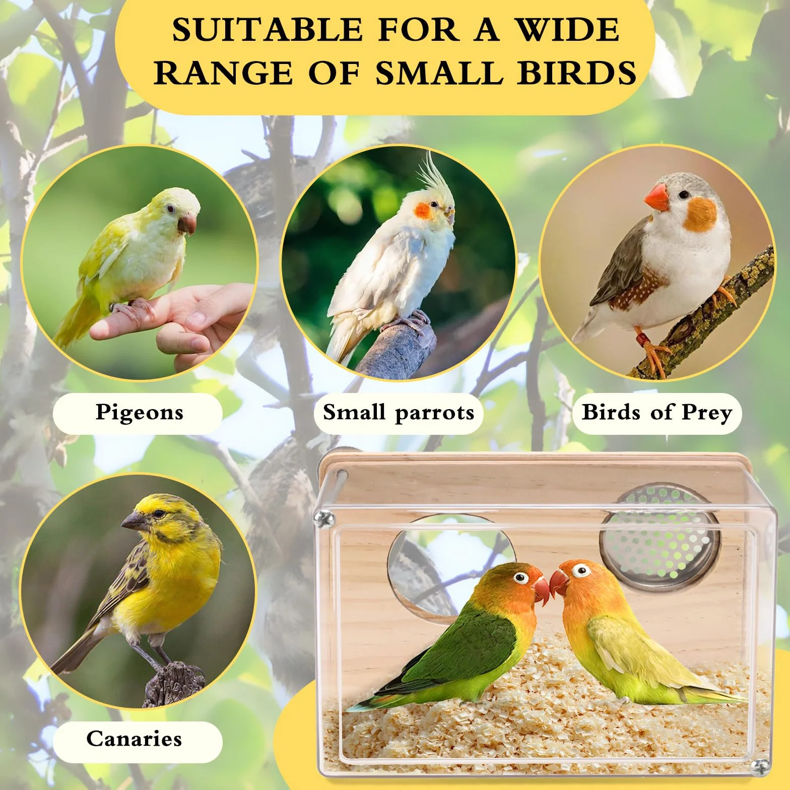 Nichoir pour cage à perruches en PET transparent - Accessoire pour canaris, inséparables, perroquets - Avec perchoir en bois (taille S)