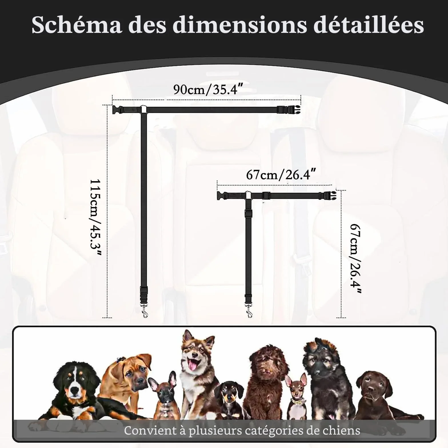 Ceinture de sécurité pour chien pour voiture, harnais réglable à double usage, ceinture de sécurité pour animal de compagnie, pour tout type de voiture, accessoire de voyage pour chien