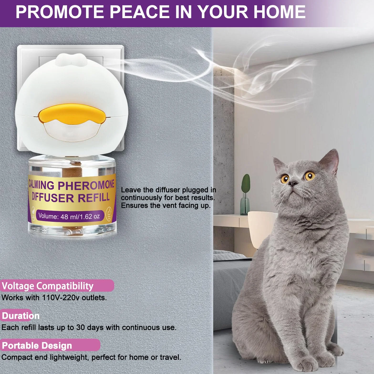 Diffuseur de Phéromones Apaisantes pour Chats + Recharge 3x48 ml