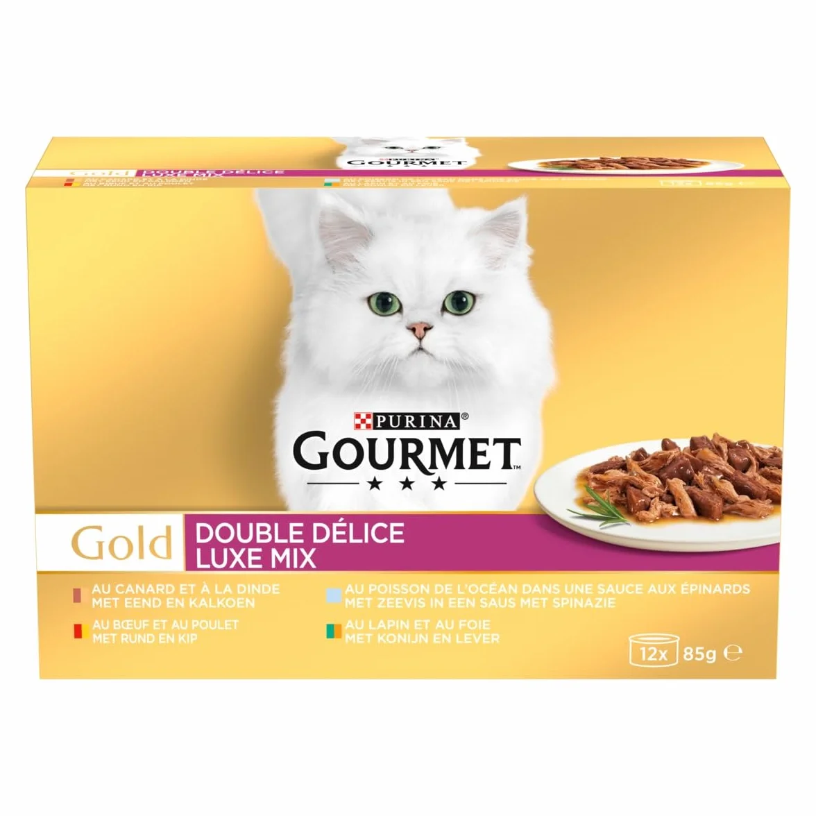 GOURMET | Gold | Double Délice | Chat Adulte | Filettines en Sauce | Bœuf et Poulet, Lapin et Foie, Poisson de l'Océan Sauce aux Epinards, Canard et Dinde | Boîtes | Lot de 8 (12 x 85 g)